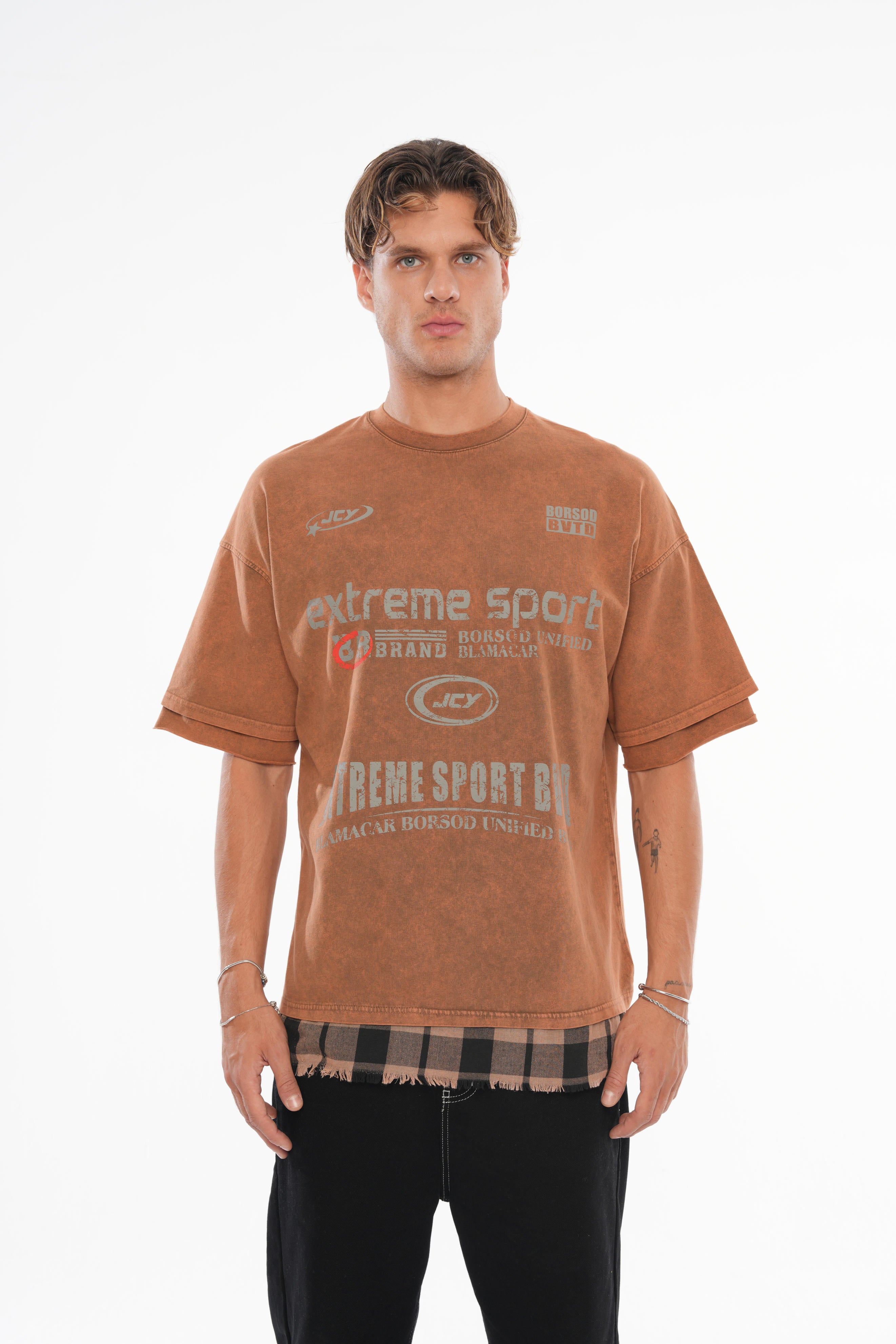 Etek Detaylı Oversize T-shirt - Kahverengi