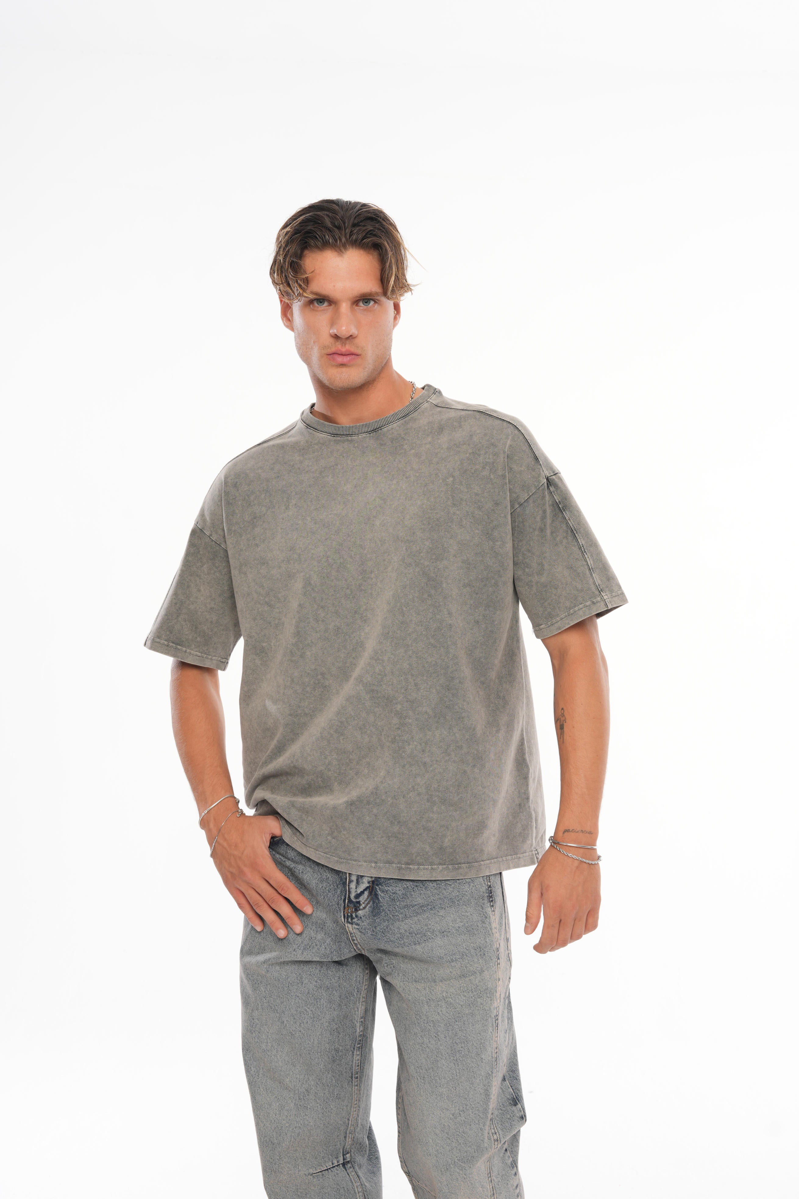 Dikiş Detaylı Yıkamalı Basic Oversize T-shirt - Füme