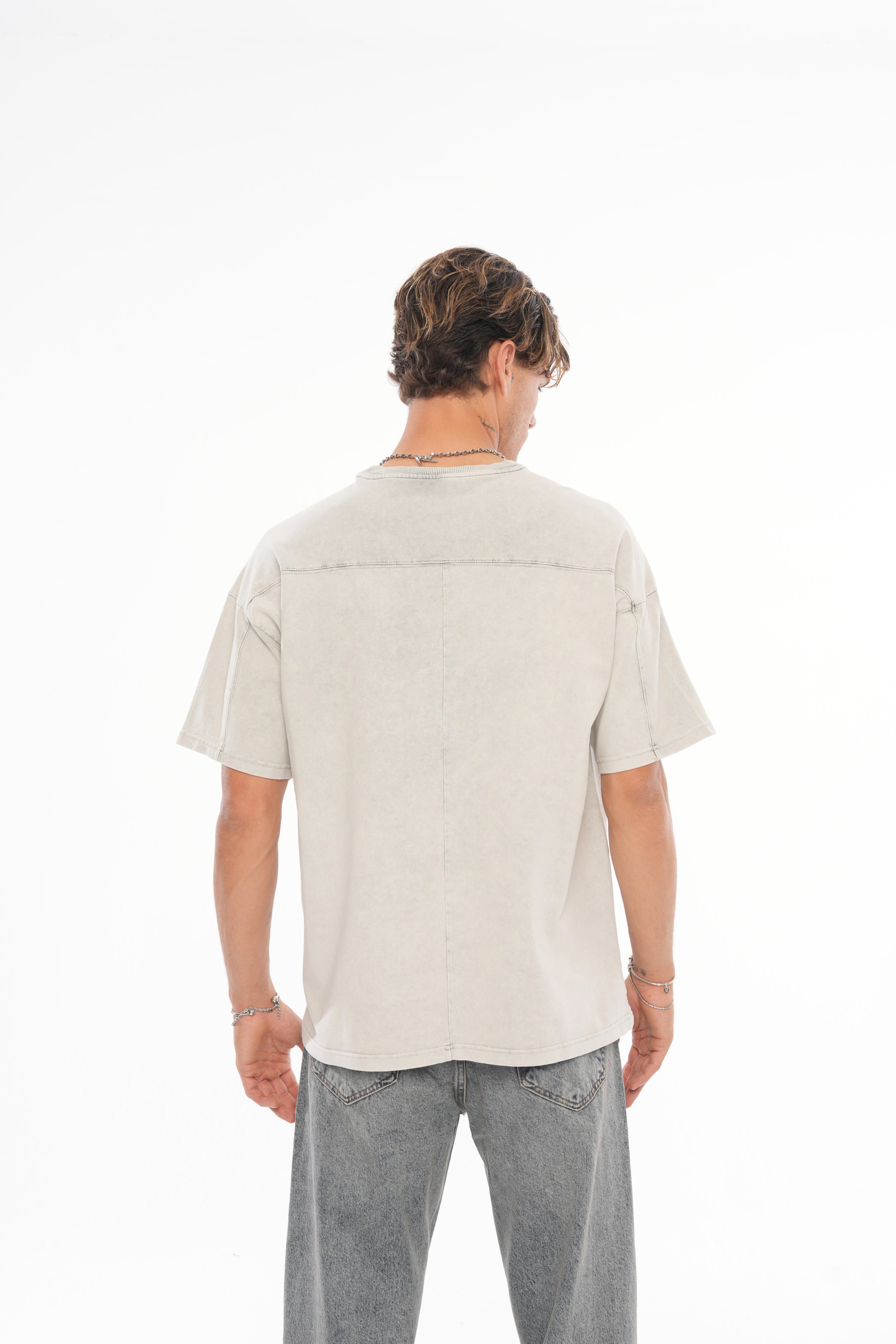 Dikiş Detaylı Yıkamalı Basic Oversize T-shirt - Gri