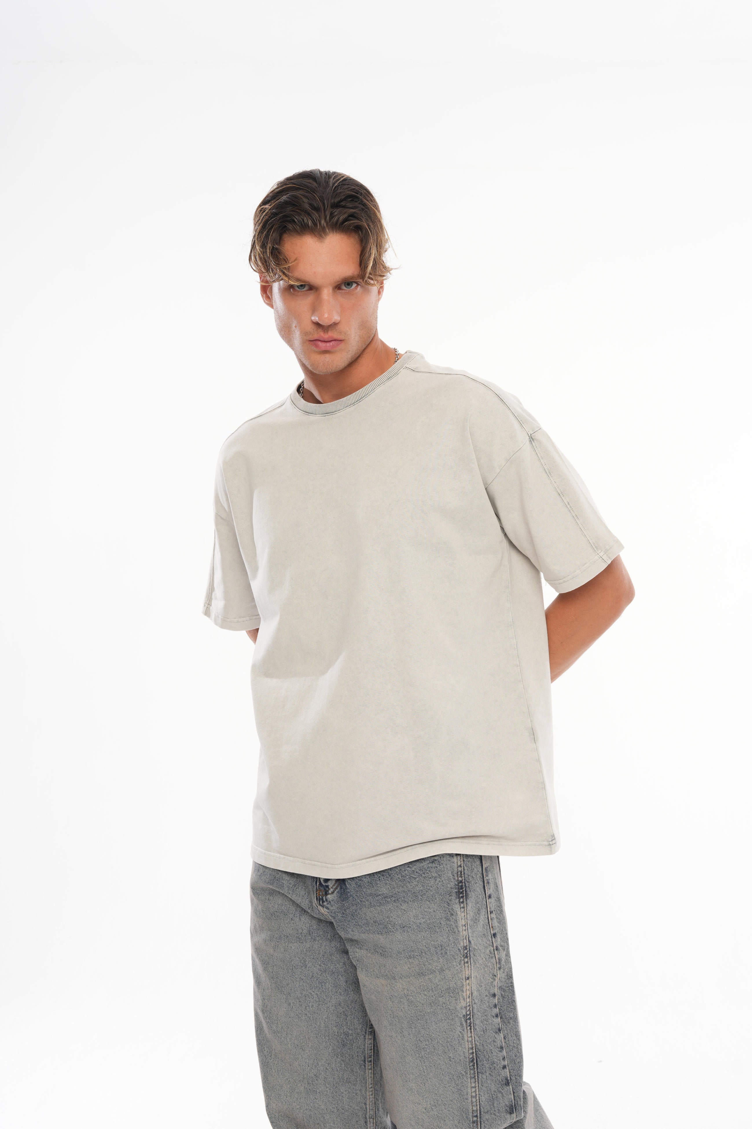 Dikiş Detaylı Yıkamalı Basic Oversize T-shirt - Gri