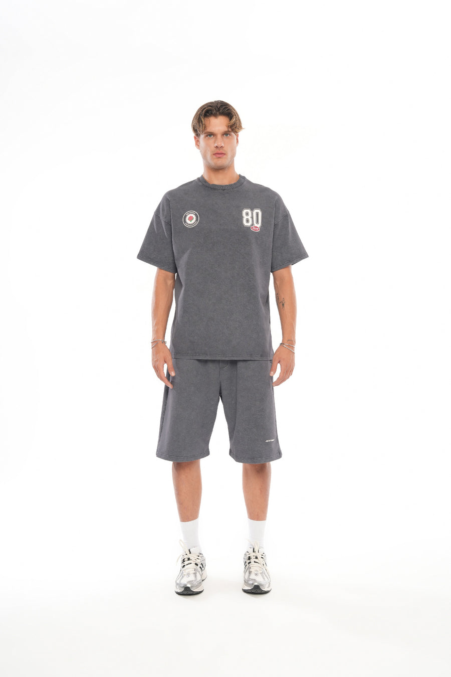 80 Logo Baskılı Yıkamalı T-shirt - Füme