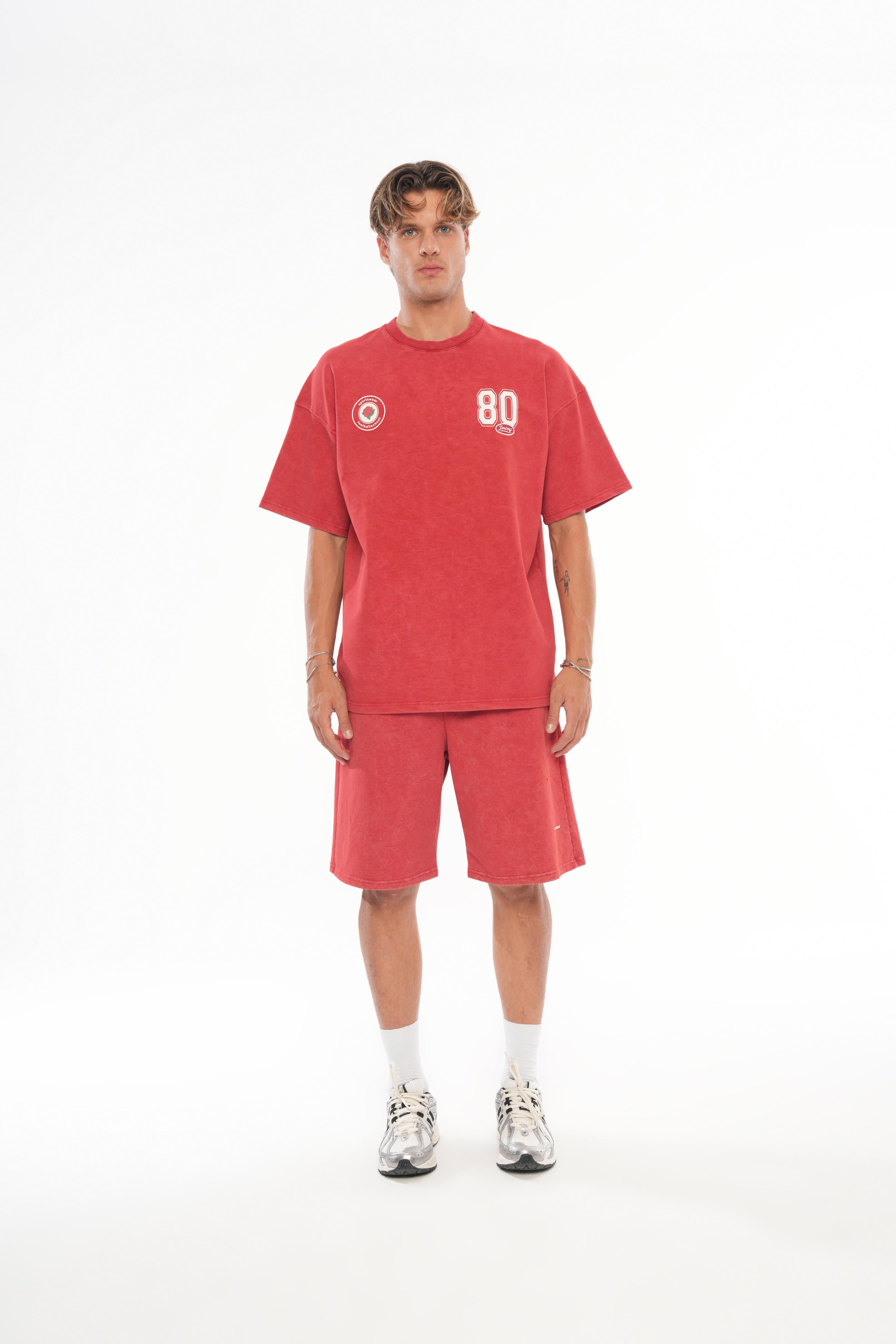 80 Logolu Yıkamalı Oversize T-shirt - Kırmızı