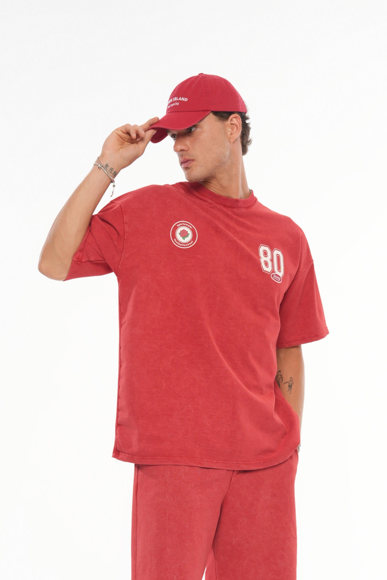 80 Logolu Yıkamalı Oversize T-shirt - Kırmızı