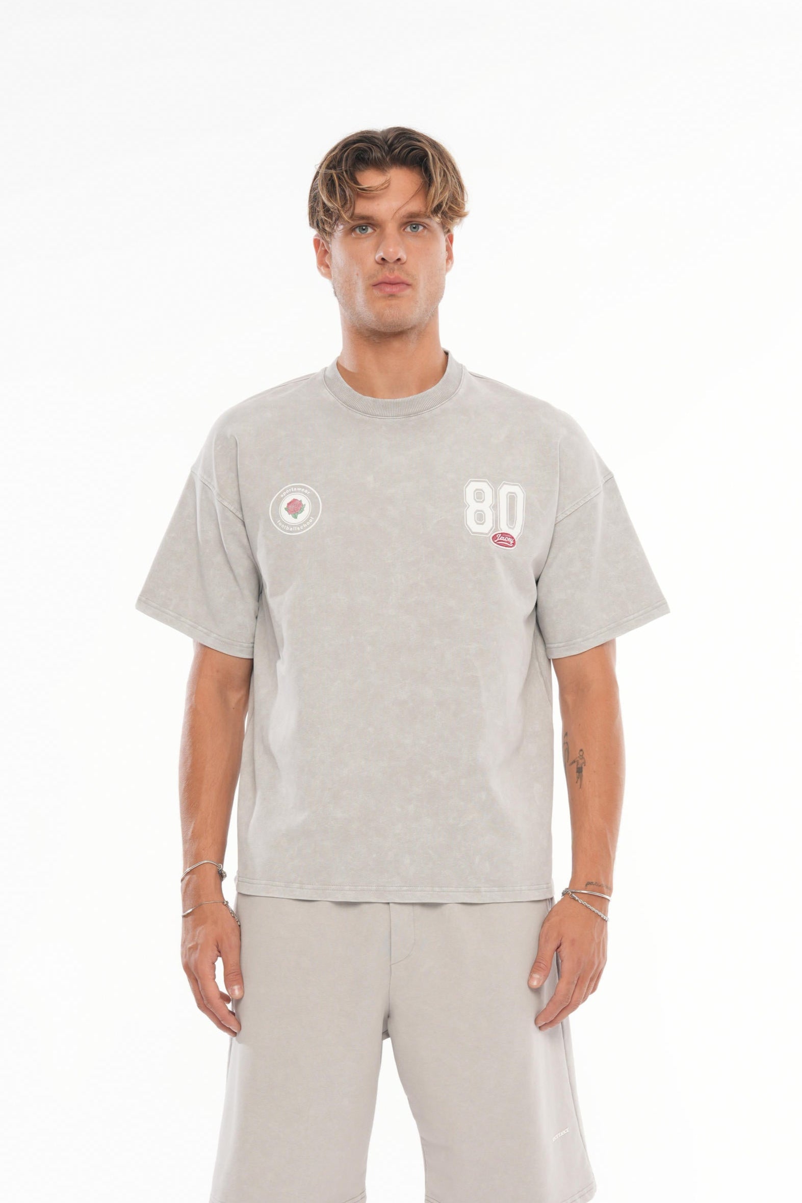 80 Logolu Yıkamalı Oversize T-shirt - Gri