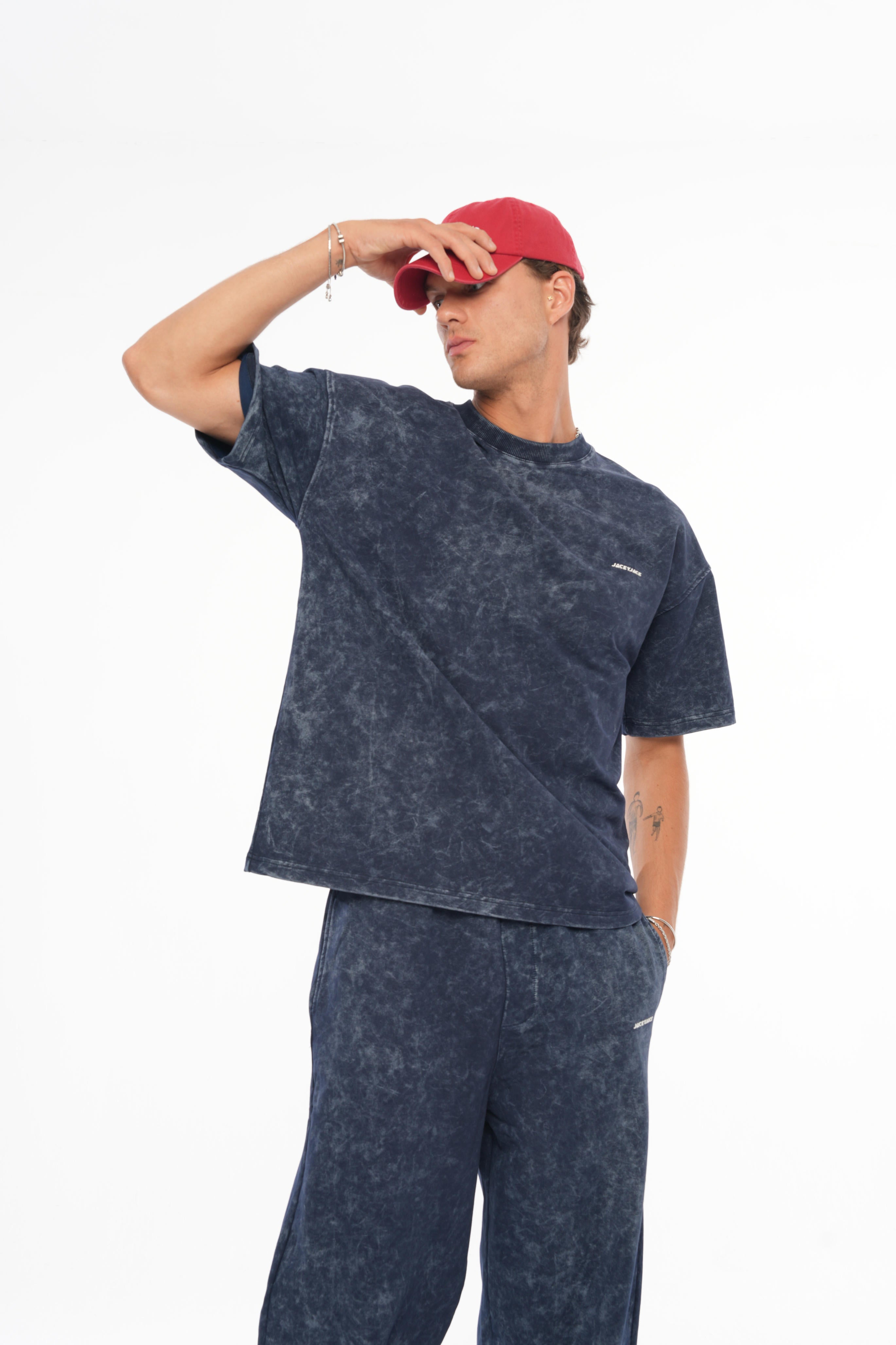 JaceyJace Yıkamalı Basic Oversize T-shirt - Lacivert