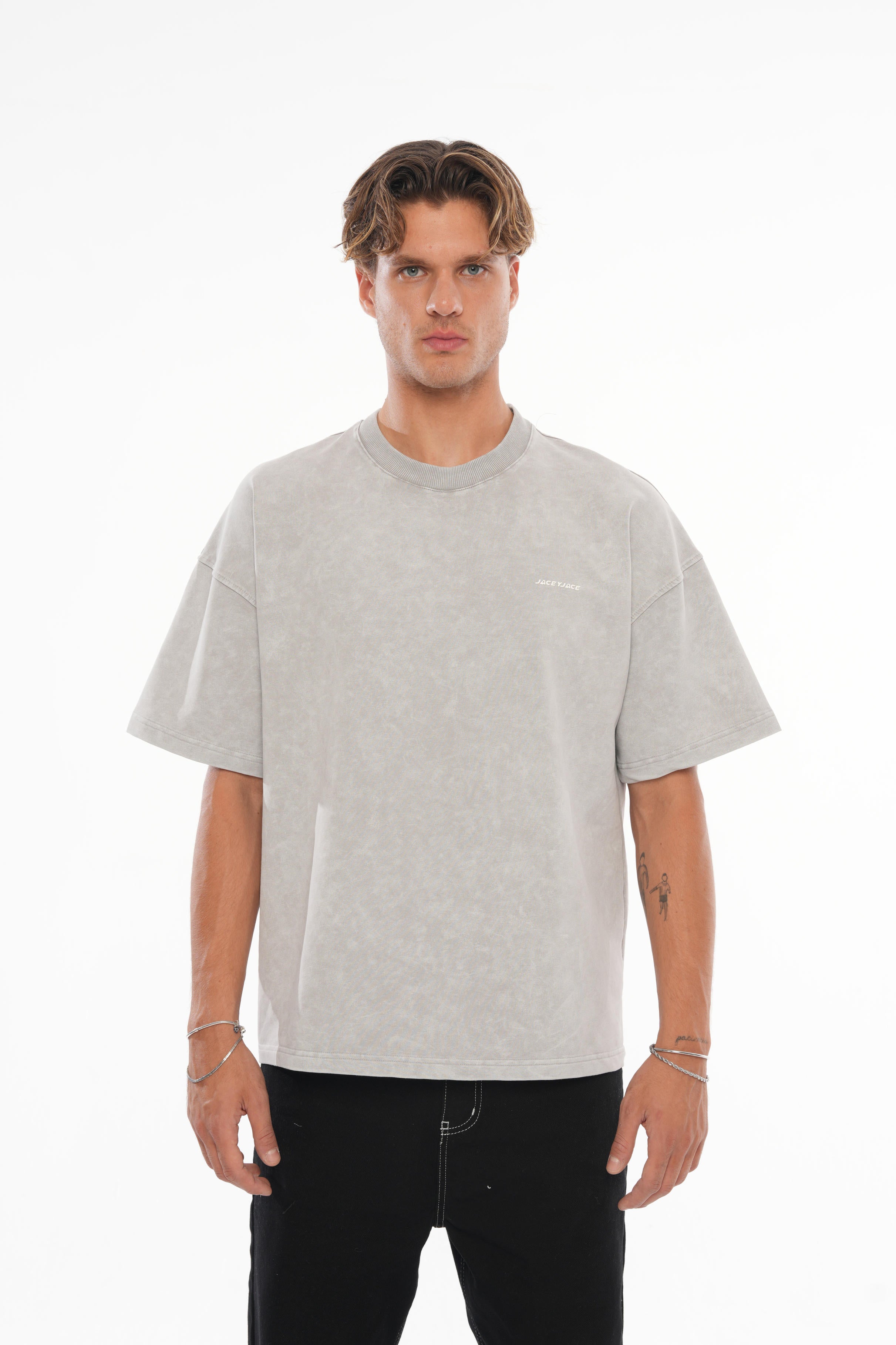 JaceyJace Yıkamalı Basic Oversize T-shirt - Gri
