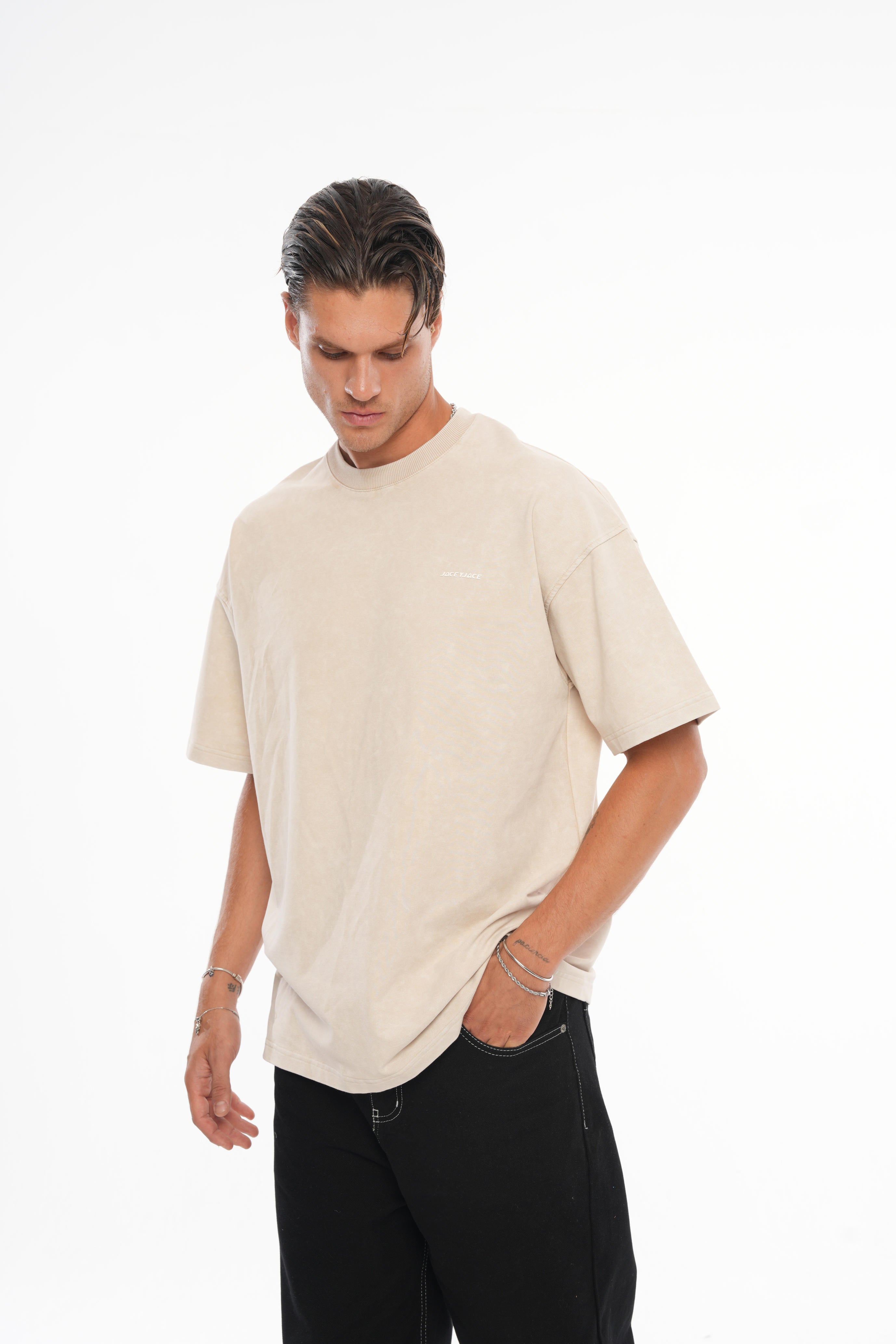 JaceyJace Yıkamalı Basic Oversize T-shirt - Bej