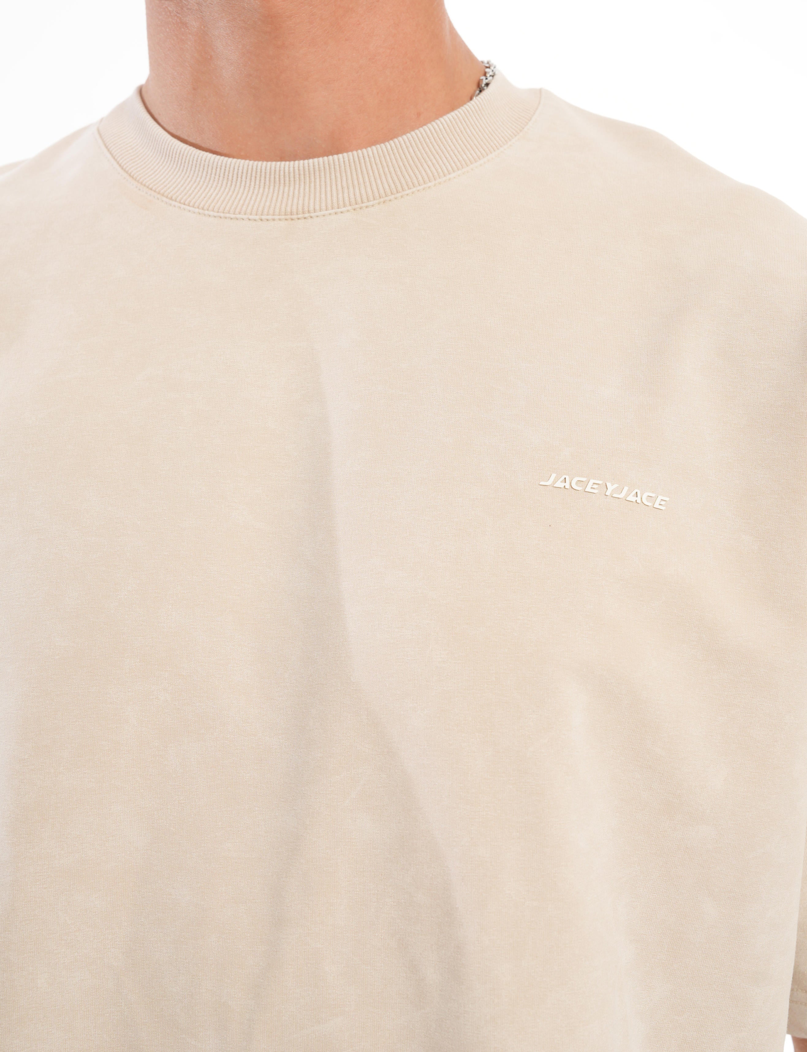 JaceyJace Yıkamalı Basic Oversize T-shirt - Bej