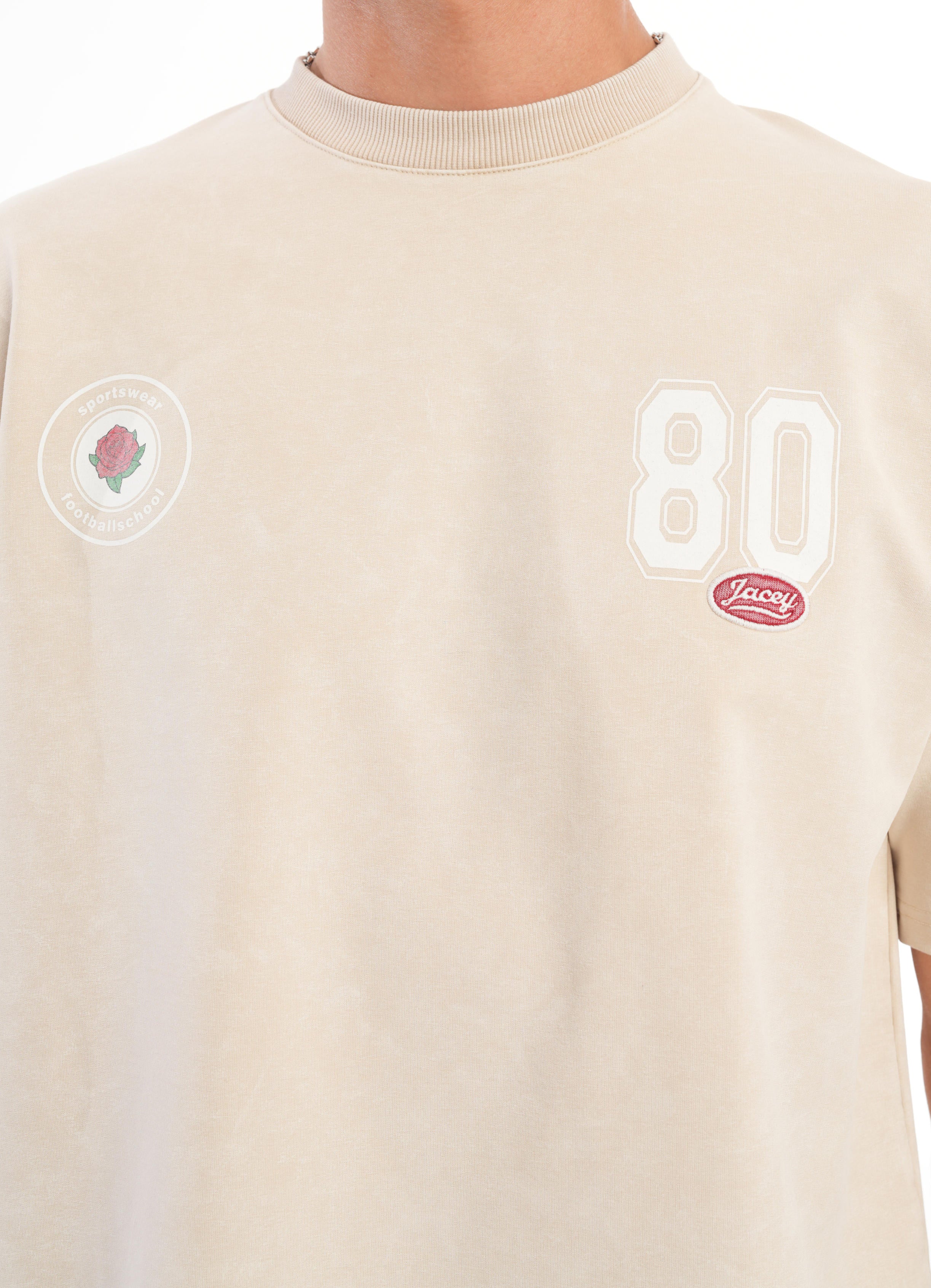 80 Logolu Yıkamalı Oversize T-shirt - Bej