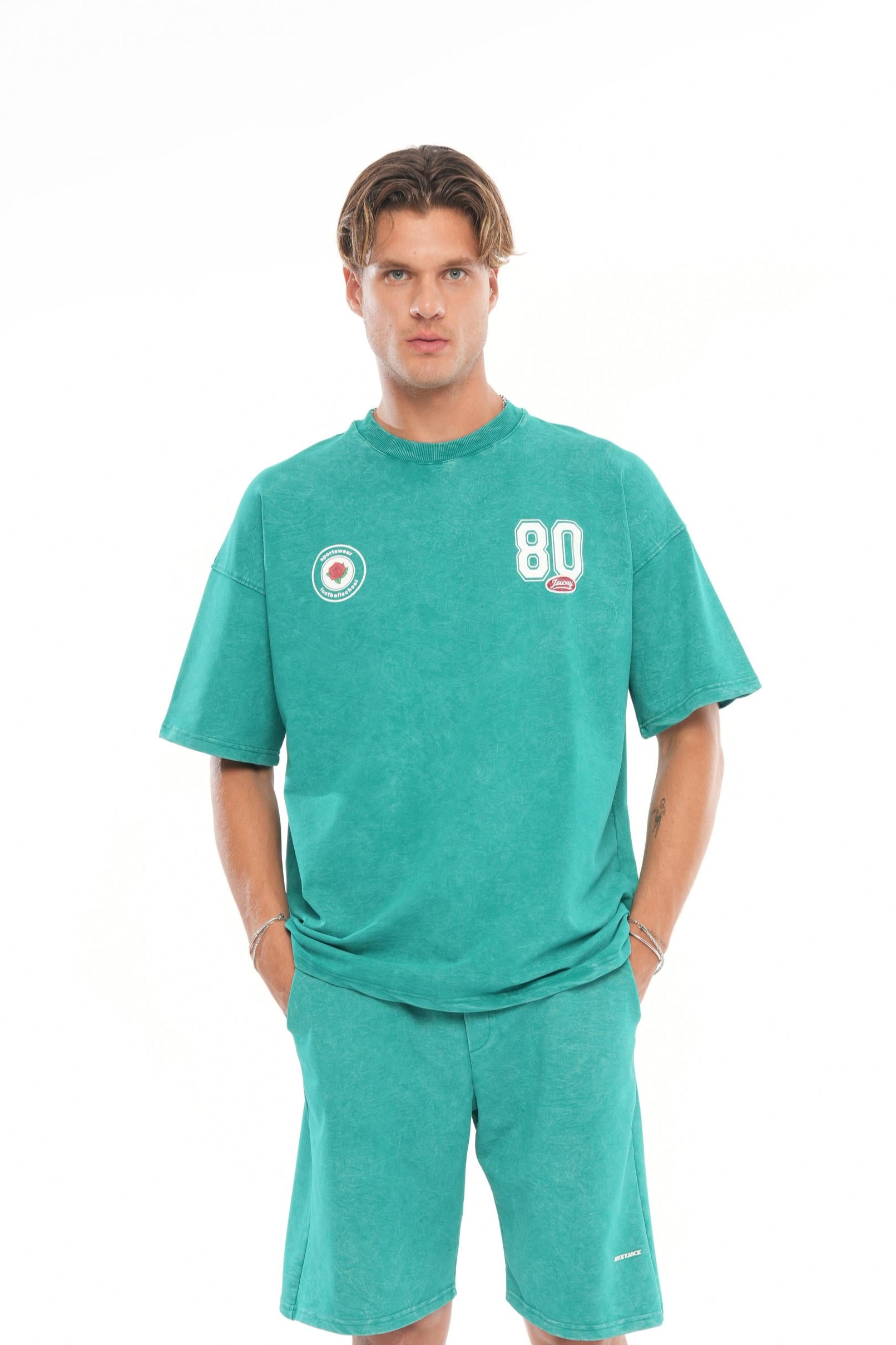 80 Logolu Yıkamalı Oversize T-shirt - Yeşil