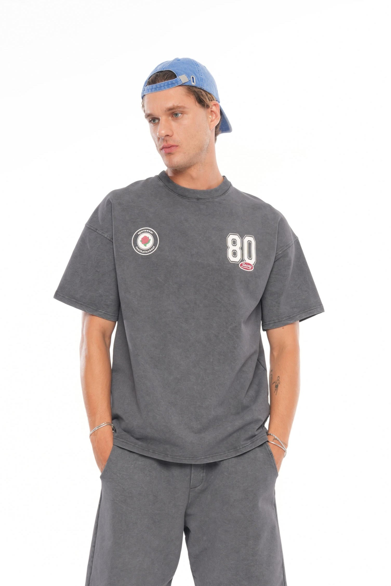 80 Logolu Yıkamalı Oversize T-shirt - Füme