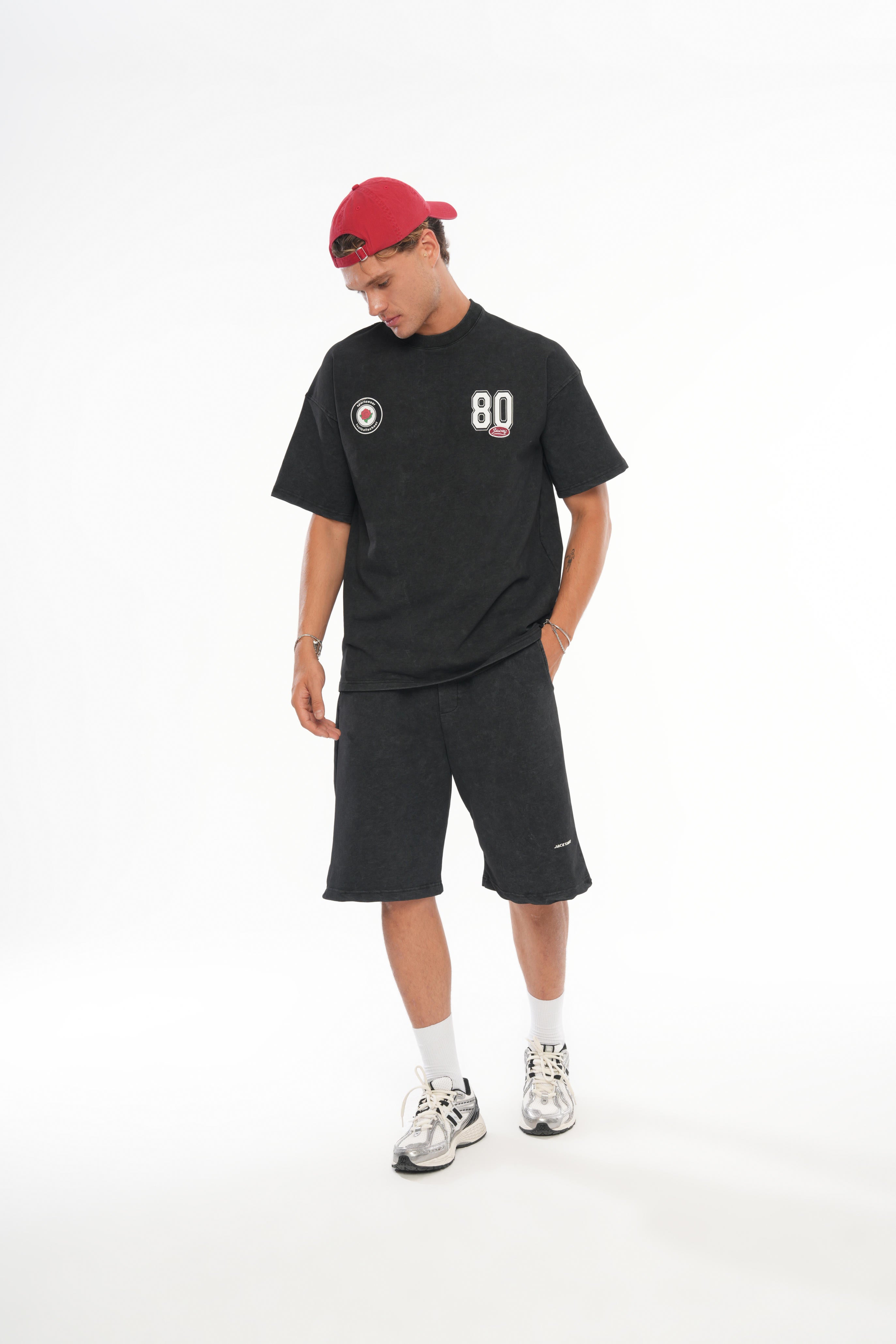 80 Logolu Yıkamalı Oversize T-shirt - Siyah