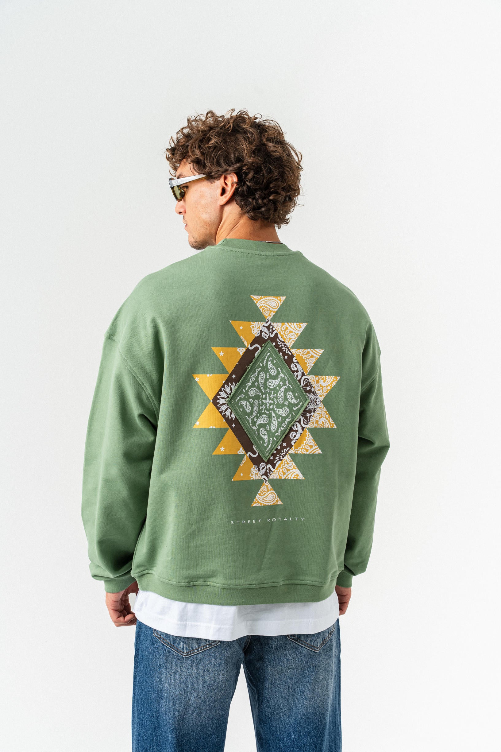 Desenli Patchli Oversize Sweatshirt - Yeşil