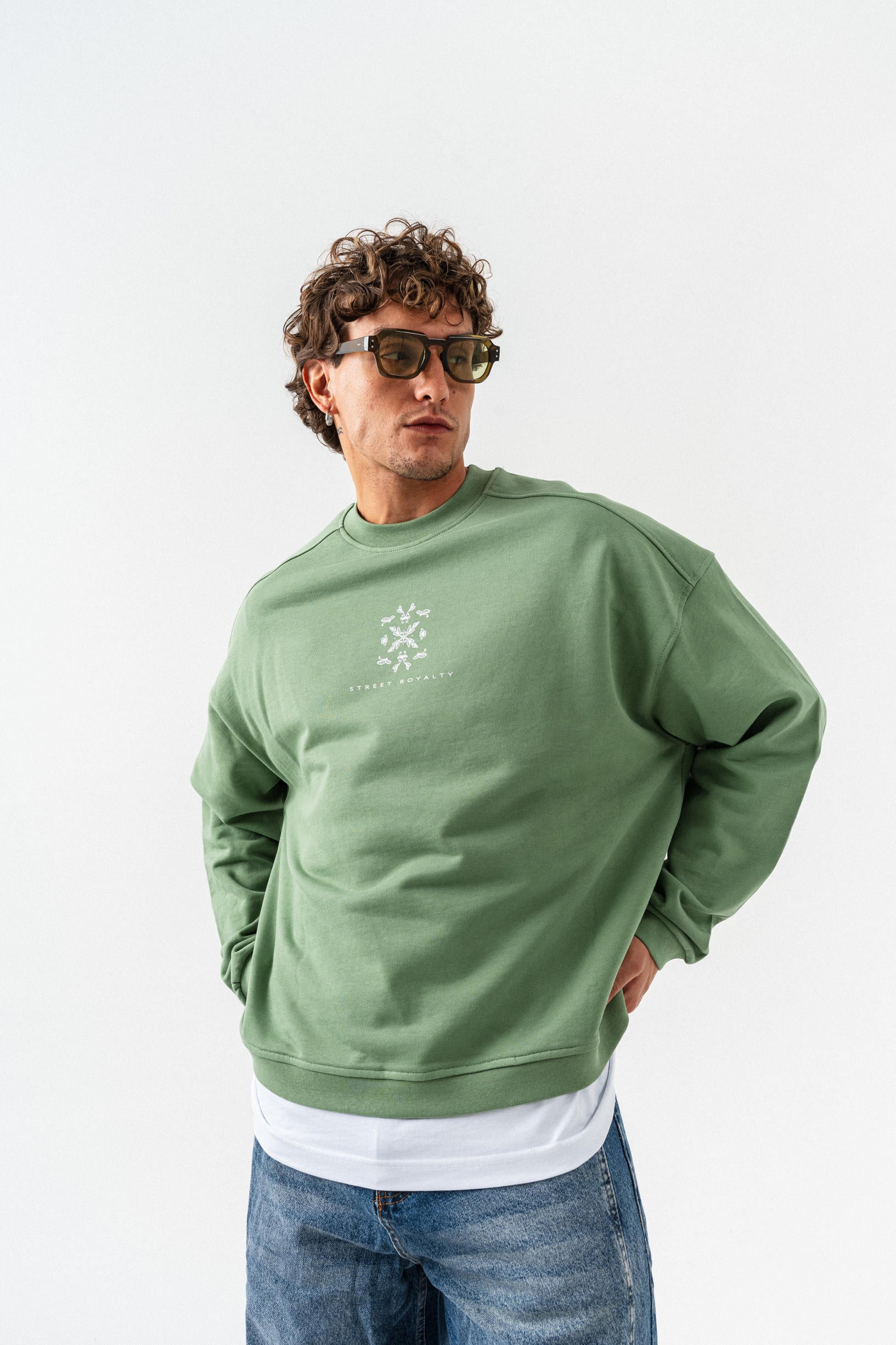 Desenli Patchli Oversize Sweatshirt - Yeşil