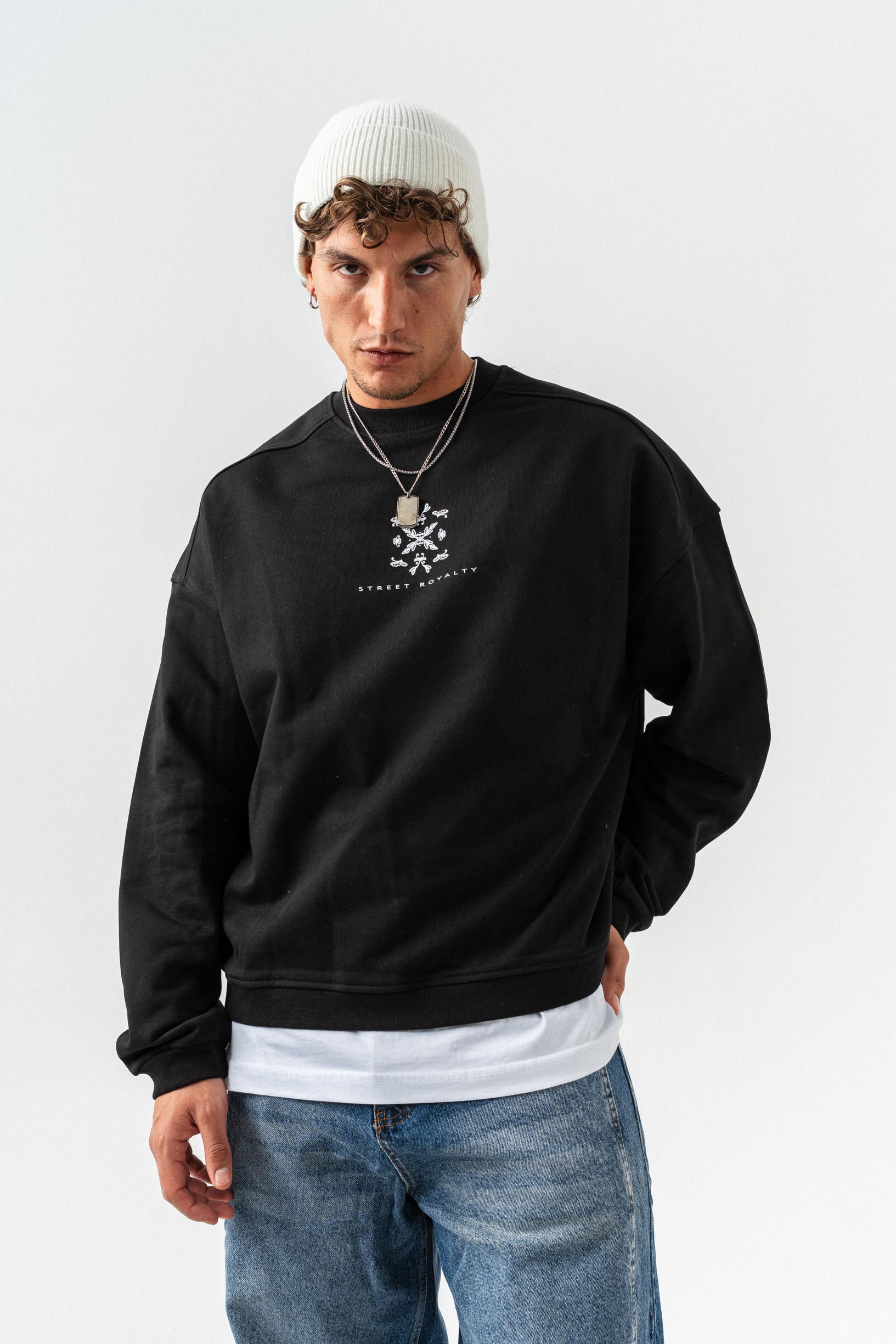 Desenli Patchli Oversize Sweatshirt - Siyah