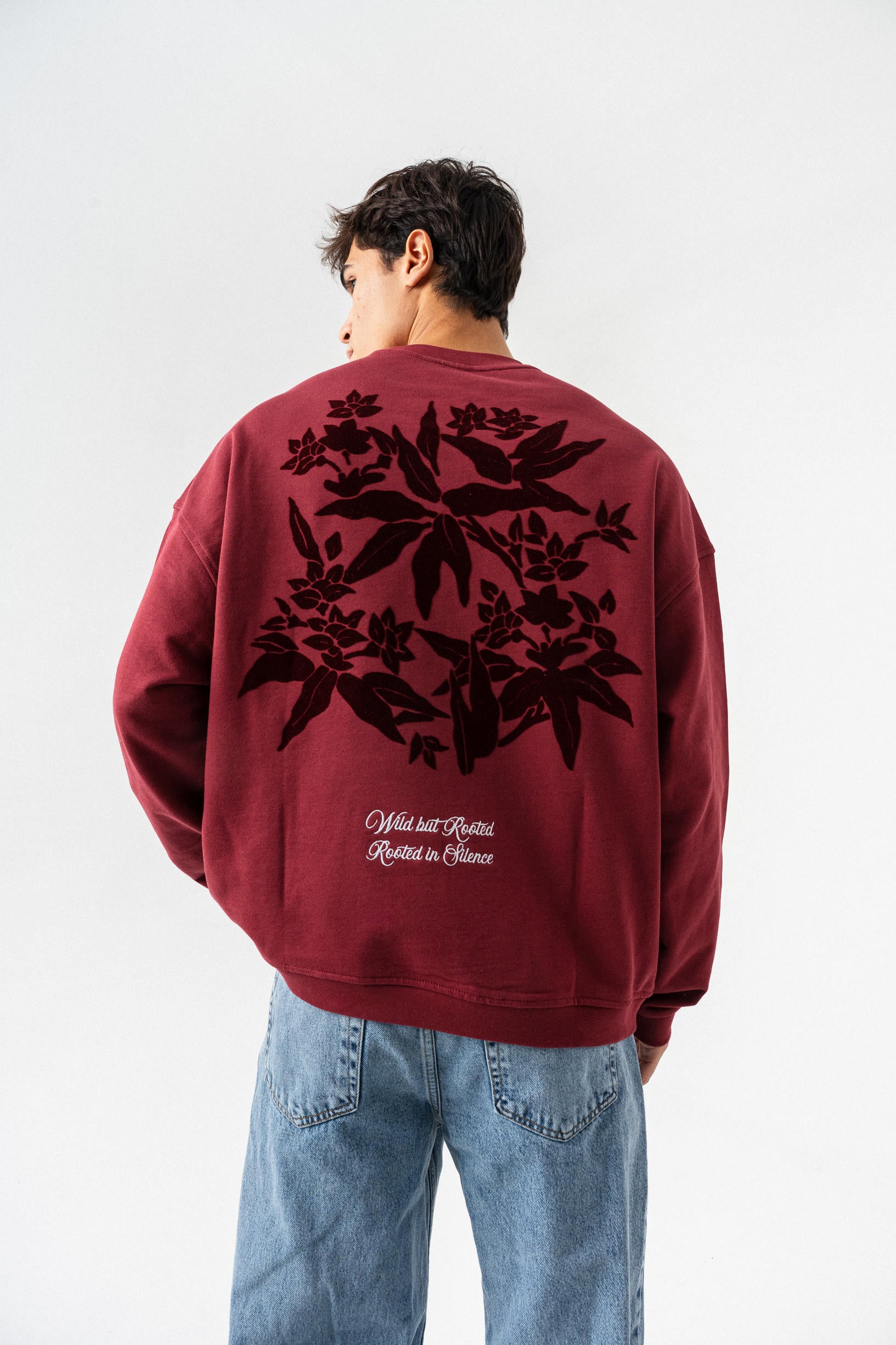 Çiçek Desenli Oversize Sweatshirt - Bordo