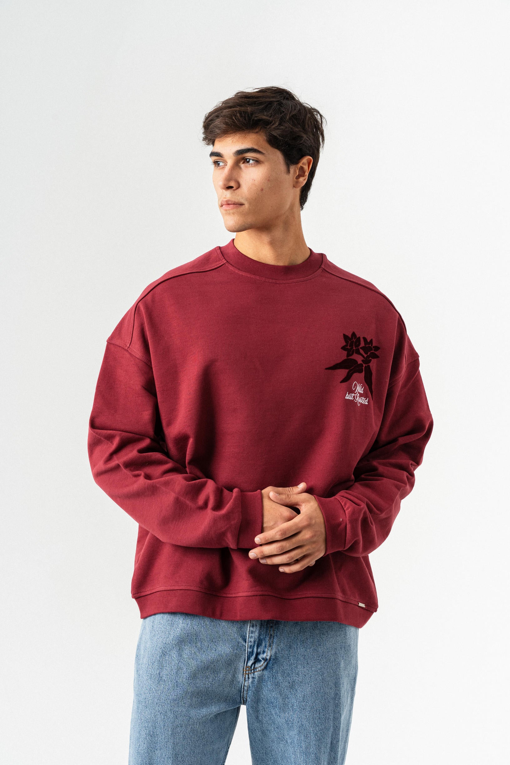 Çiçek Desenli Oversize Sweatshirt - Bordo