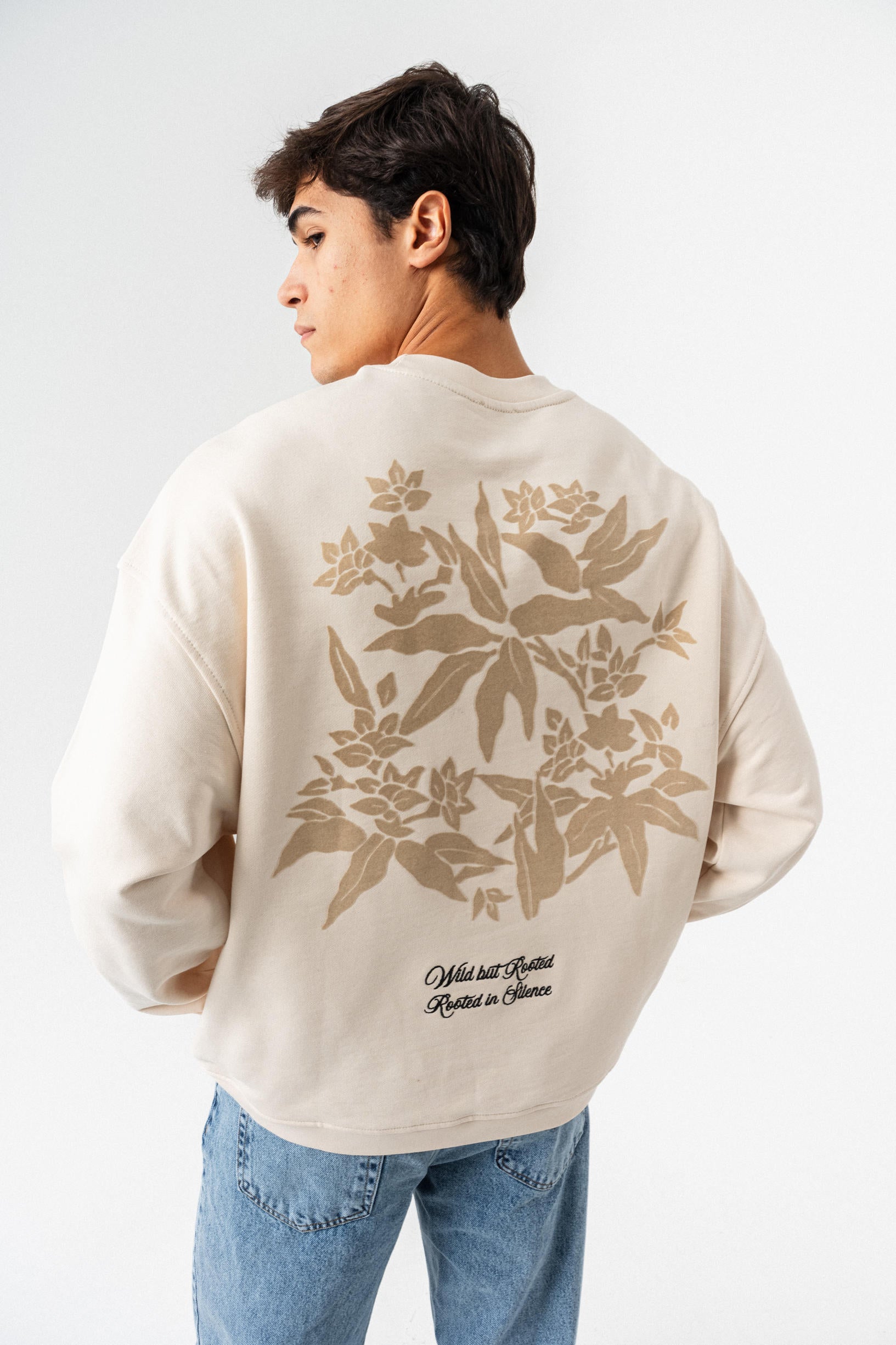 Çiçek Desenli Oversize Sweatshirt - Kemik