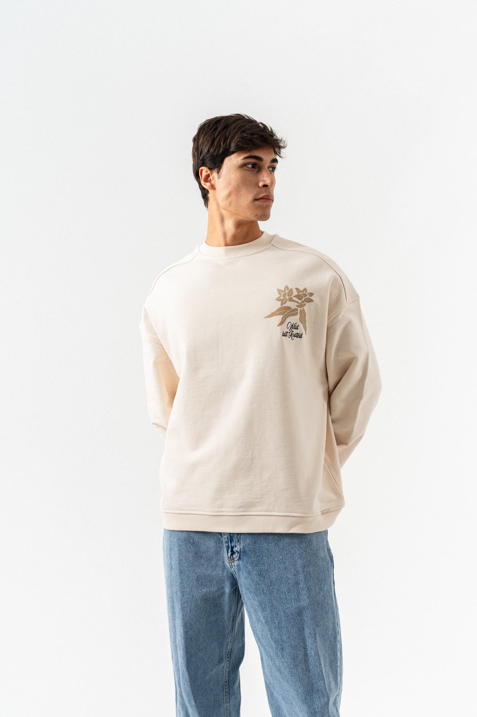 Çiçek Desenli Oversize Sweatshirt - Kemik