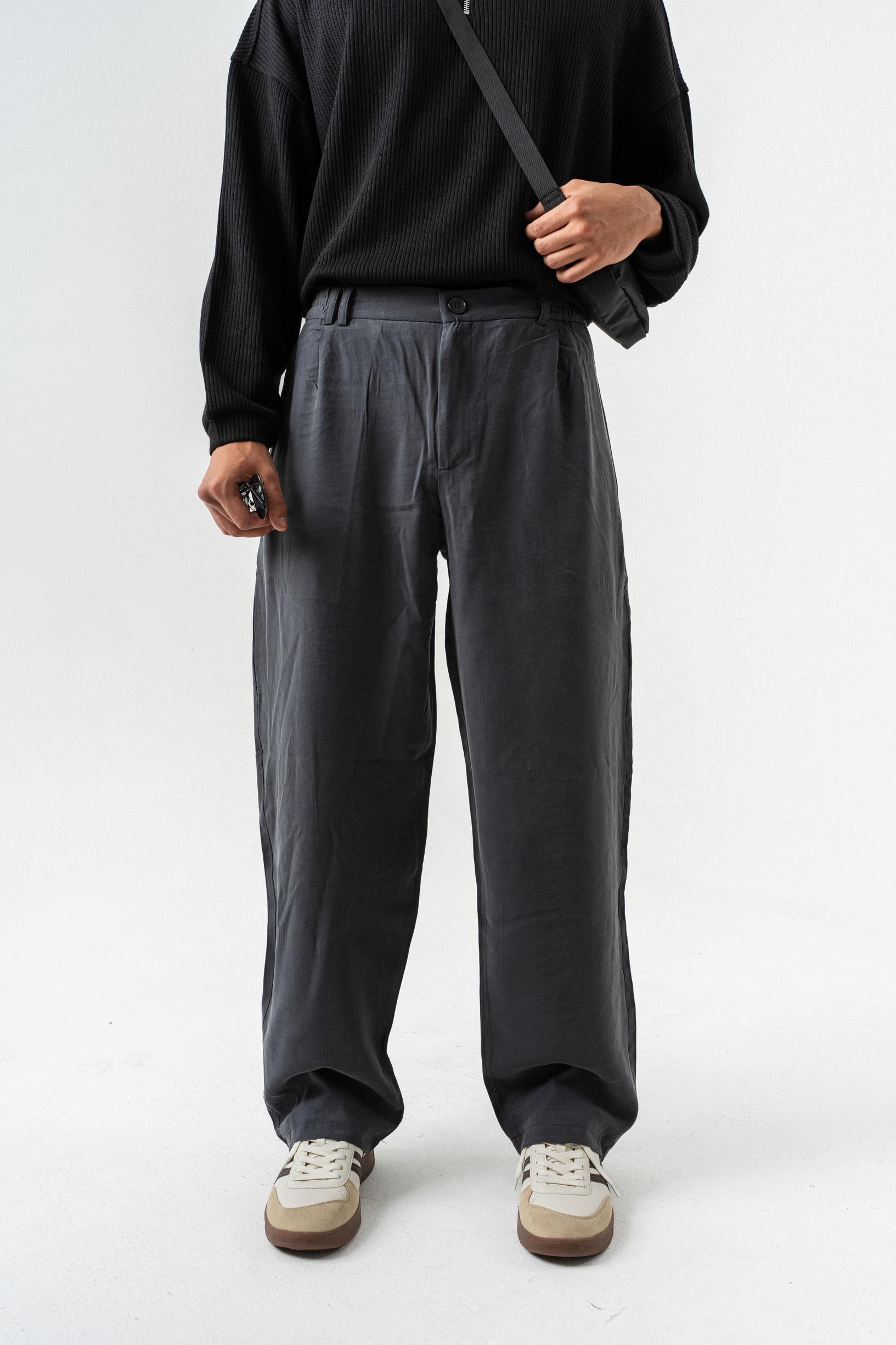 Pileli Kumaş Baggy Pantolon - Füme