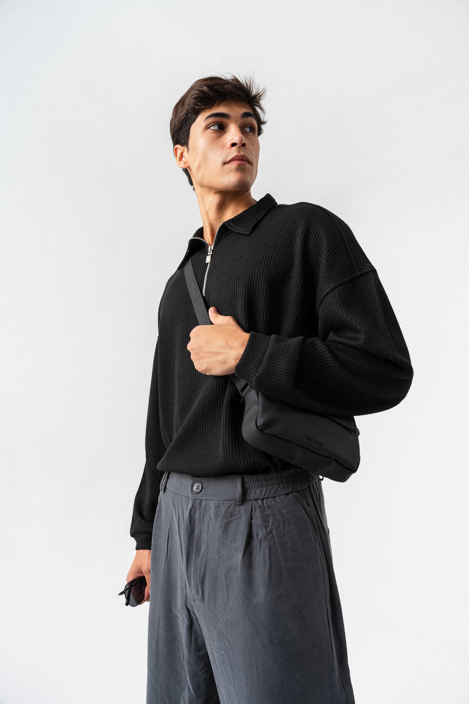 Yarım Fermuar Polo Yaka Oversize Sweatshirt - Siyah