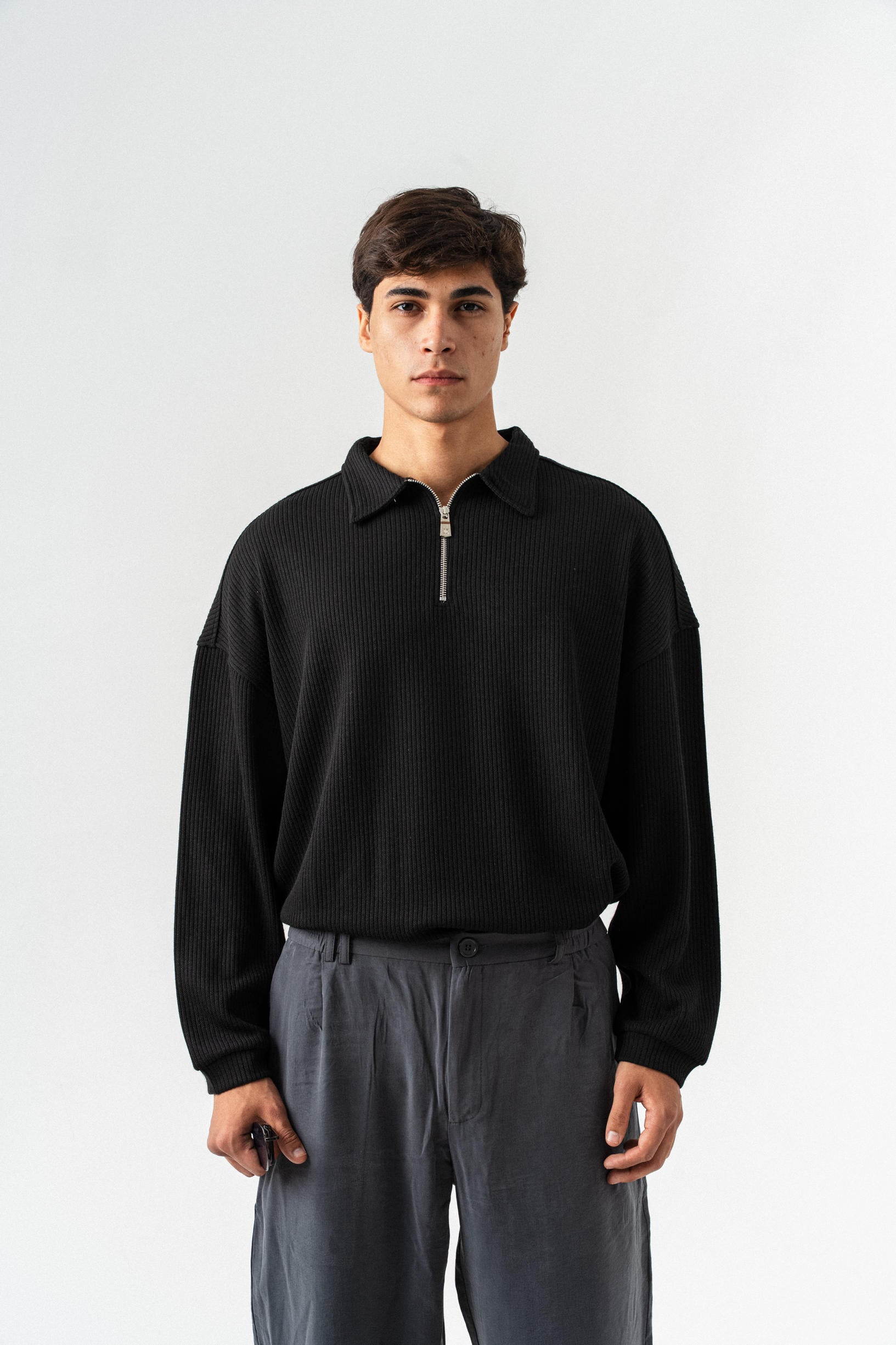 Yarım Fermuar Polo Yaka Oversize Sweatshirt - Siyah