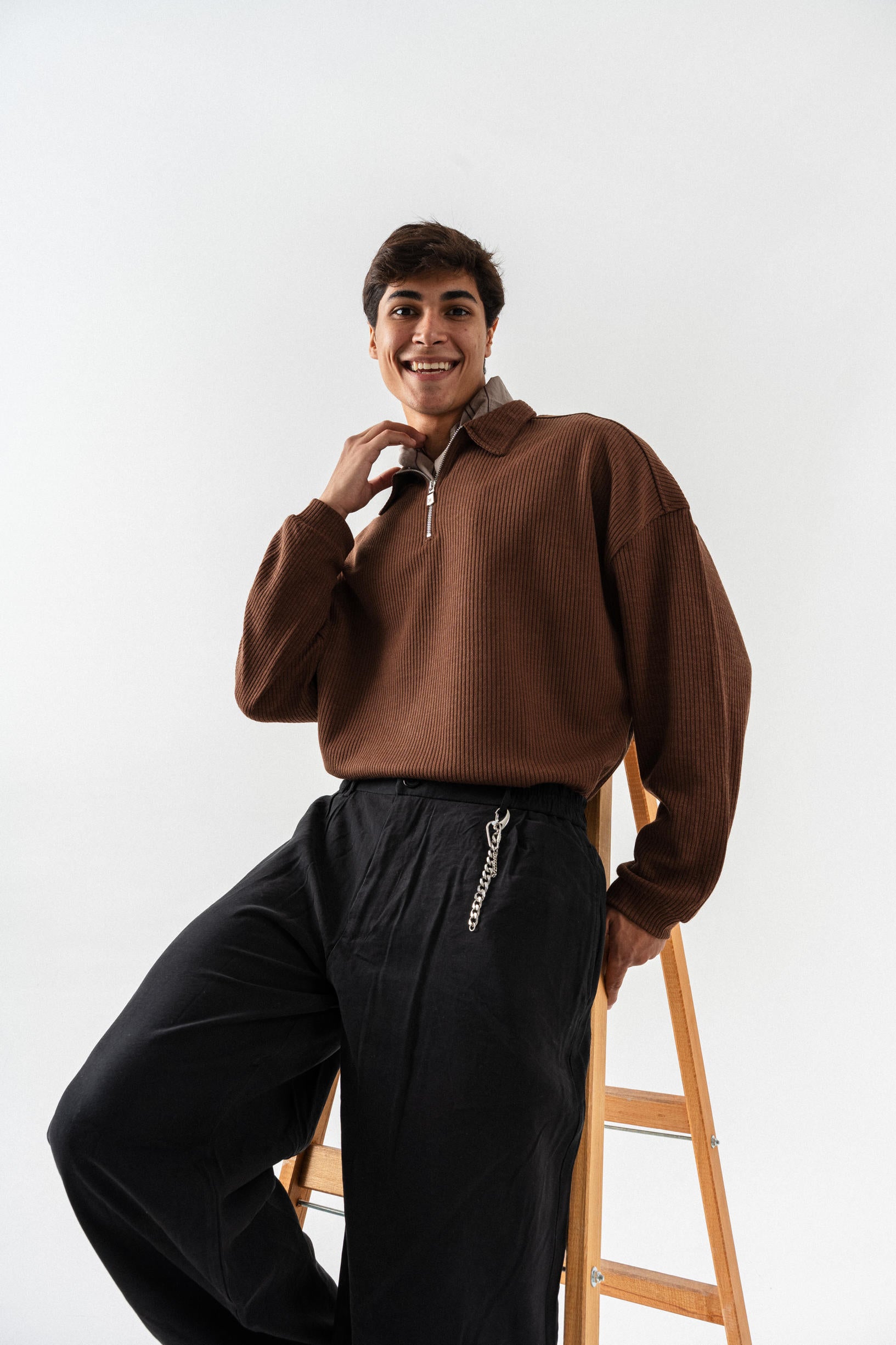 Yarım Fermuar Polo Yaka Oversize Sweatshirt - Kahverengi