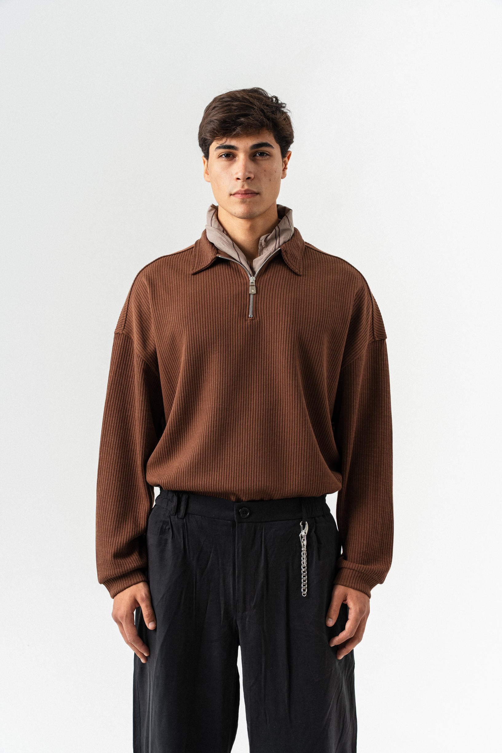Yarım Fermuar Polo Yaka Oversize Sweatshirt - Kahverengi