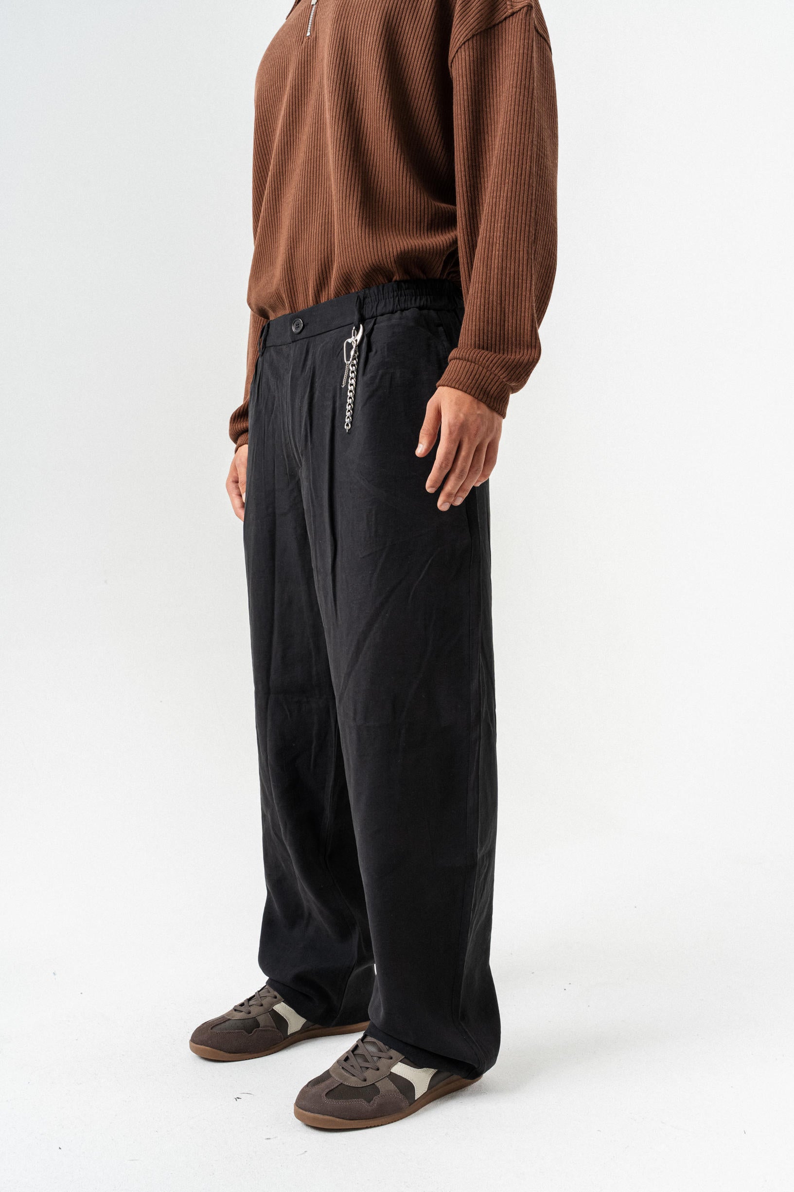 Pileli Kumaş Baggy Pantolon - Siyah