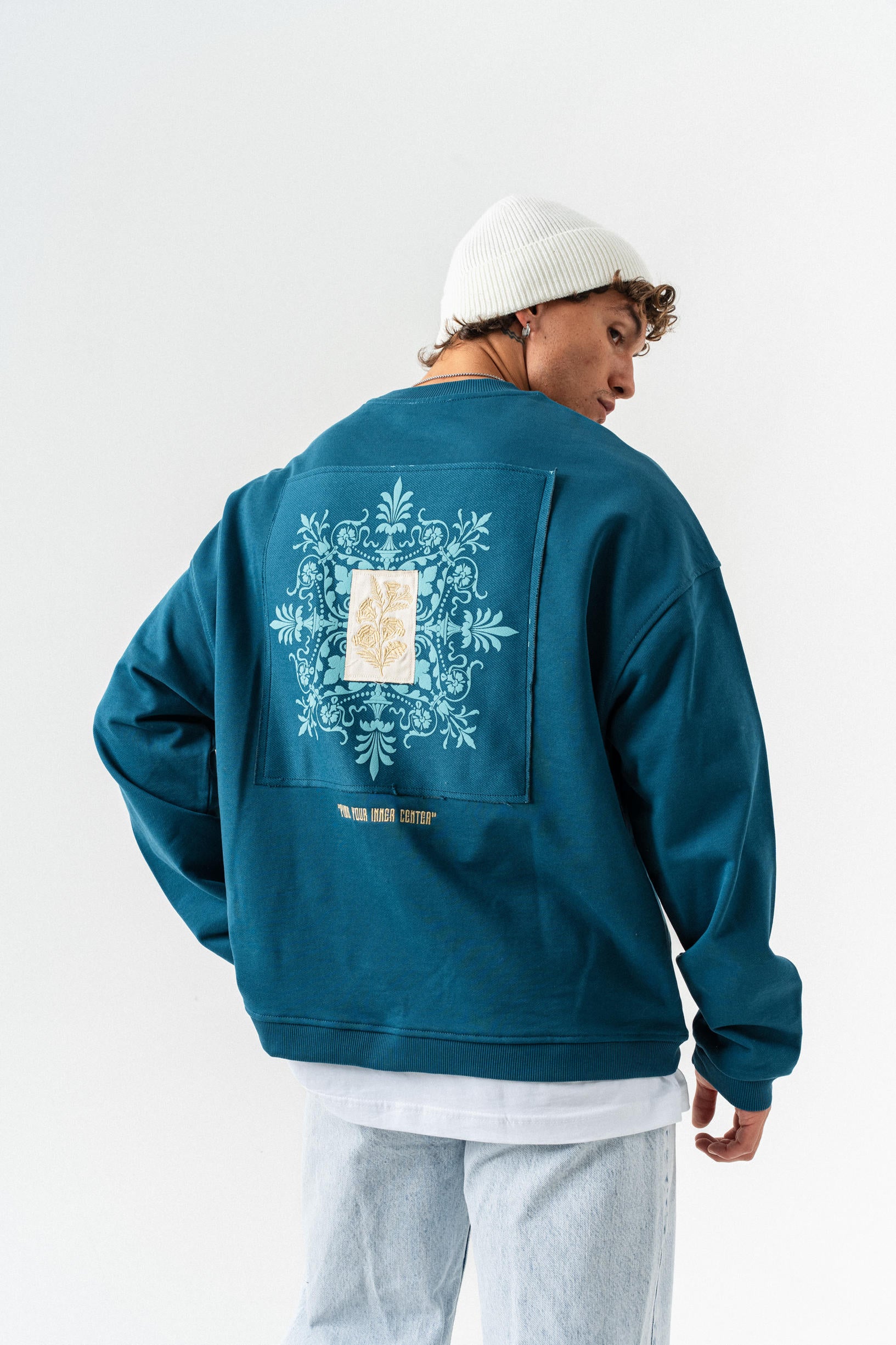 Patch Detaylı Oversize Sweatshirt - Petrol Mavisi