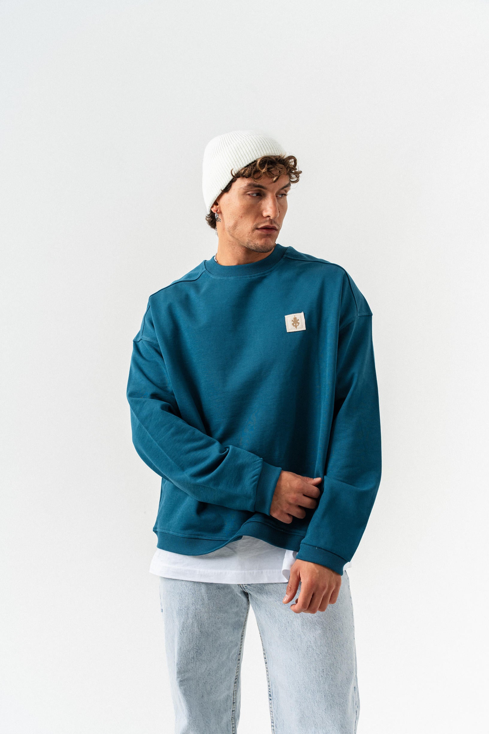 Patch Detaylı Oversize Sweatshirt - Petrol Mavisi