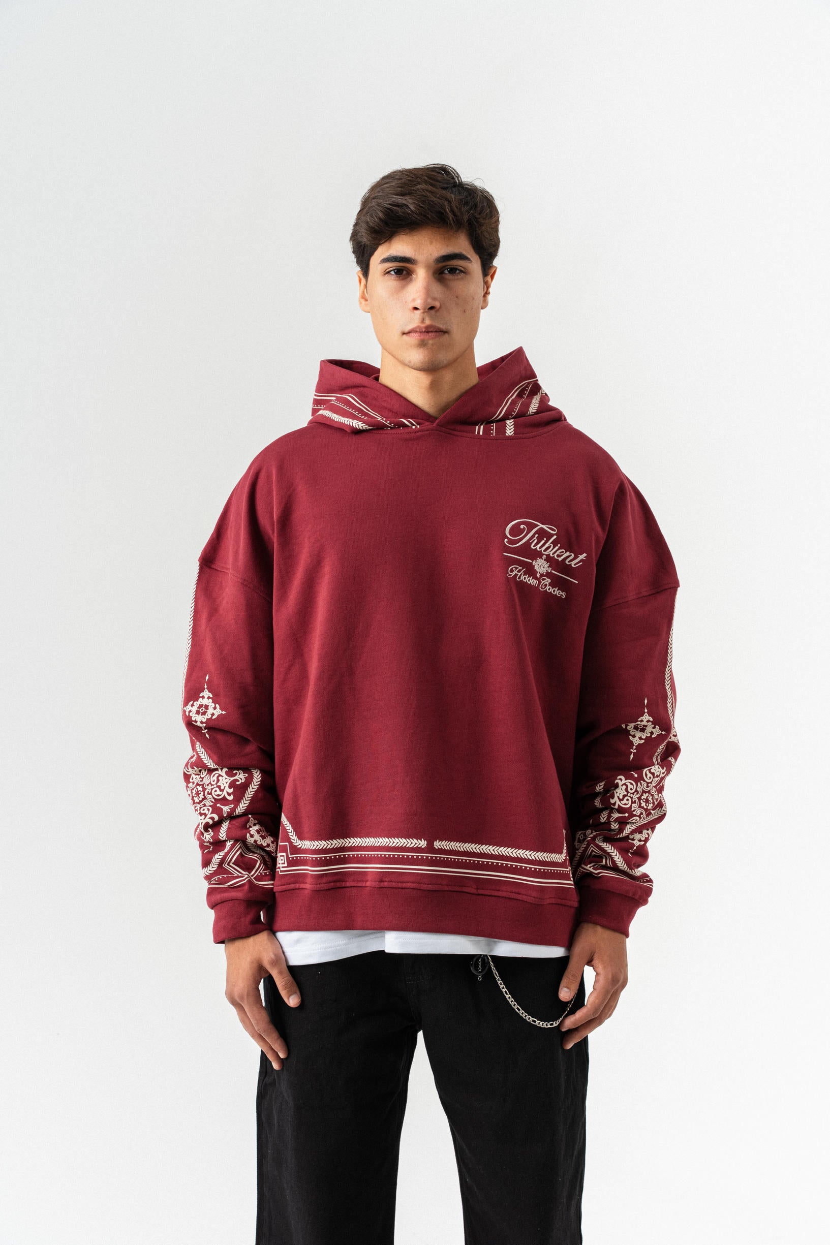 Desenli Kapüşonlu Oversize Sweatshirt - Bordo