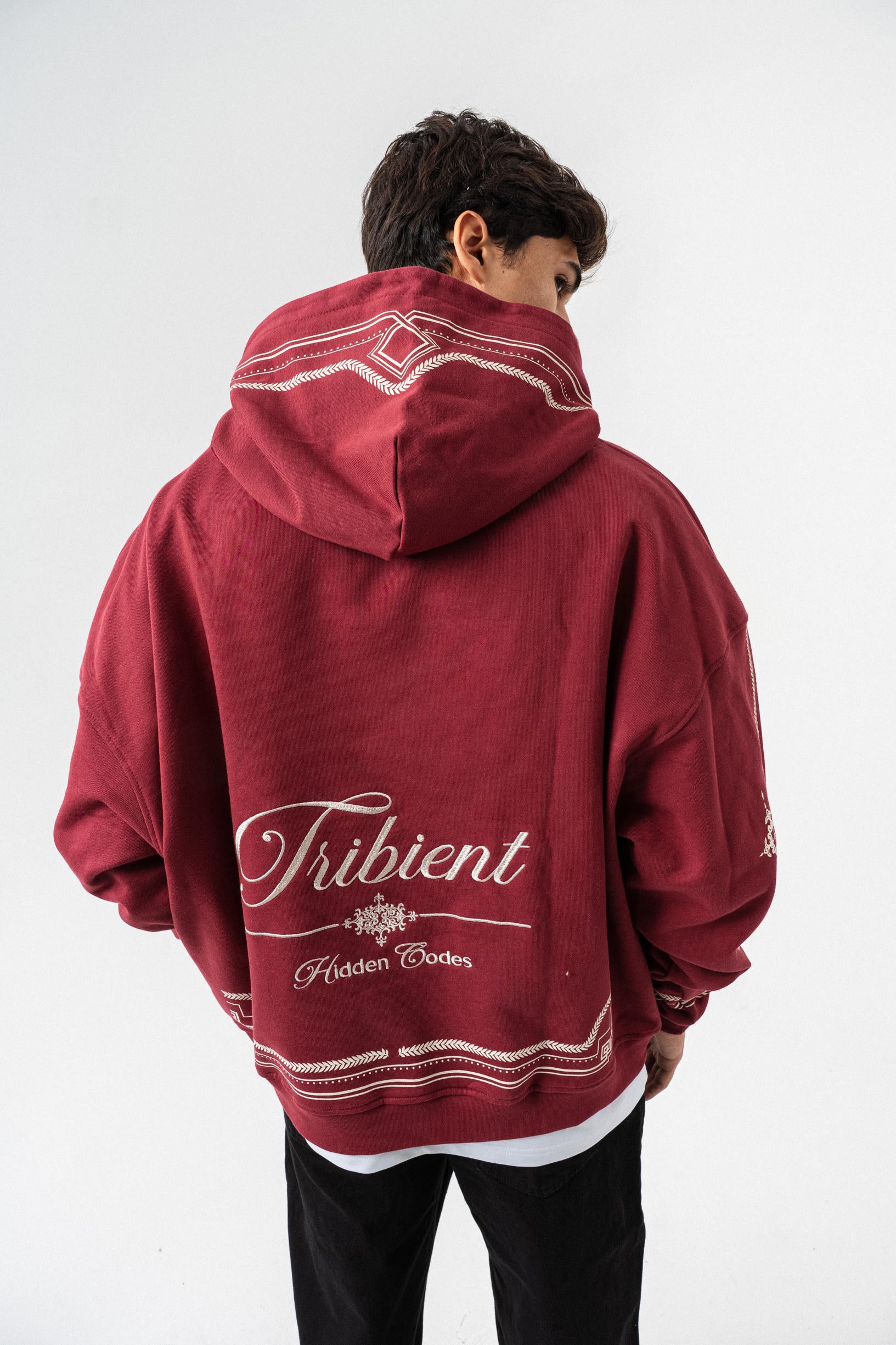 Desenli Kapüşonlu Oversize Sweatshirt - Bordo
