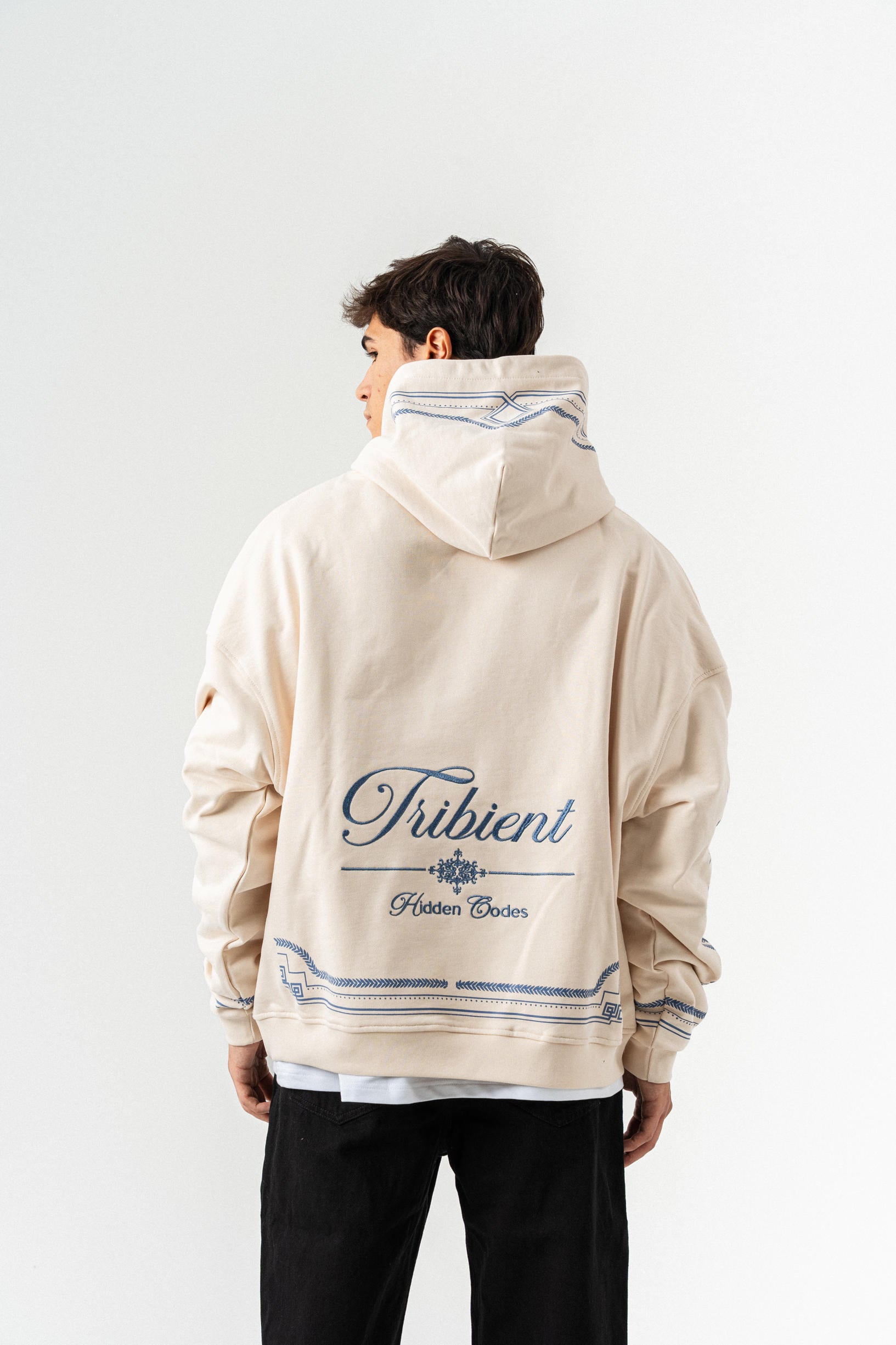 Desenli Kapüşonlu Oversize Sweatshirt - Kemik