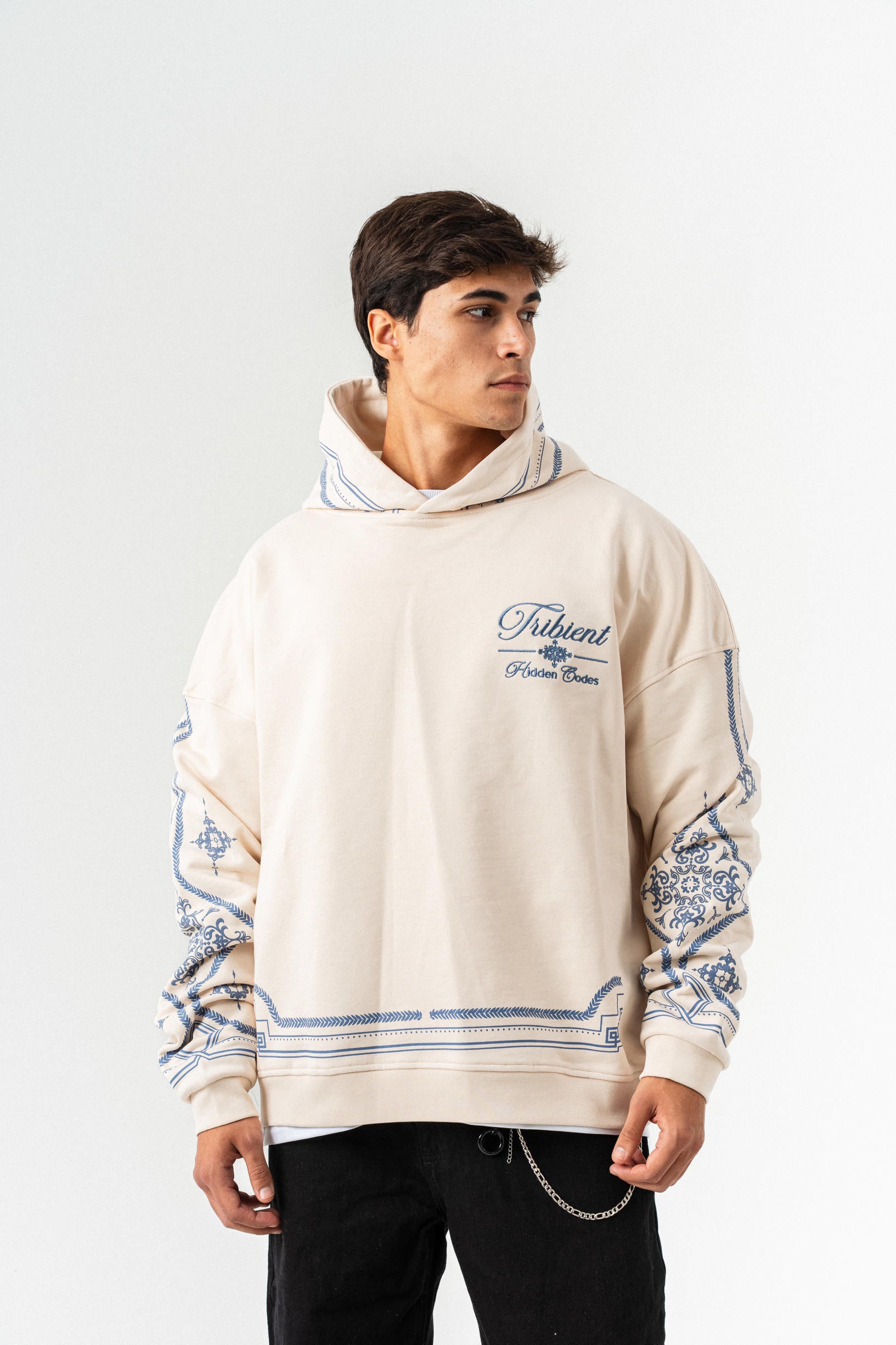 Desenli Kapüşonlu Oversize Sweatshirt - Kemik