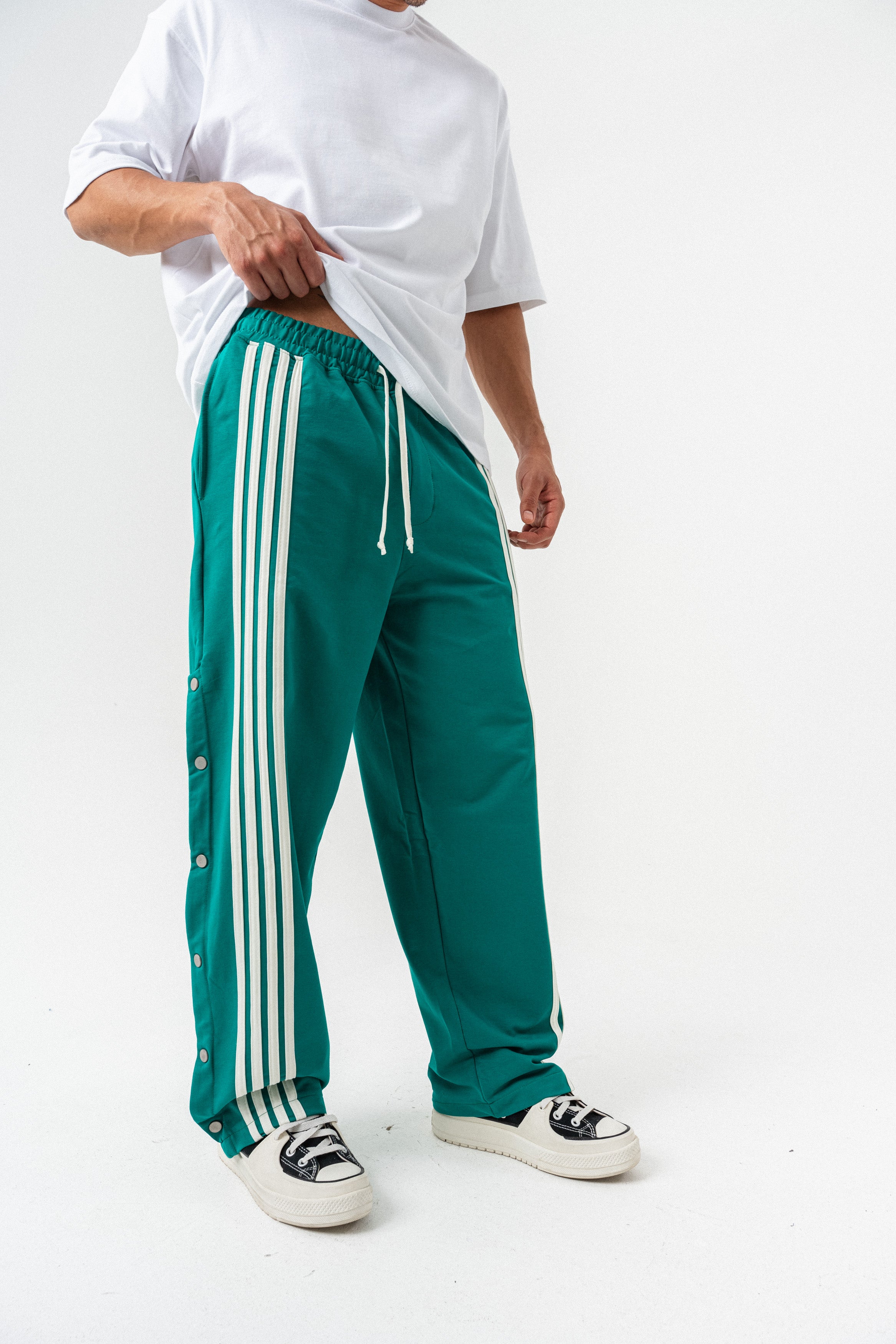 Düğme Detaylı Şeritli Baggy Eşofman Altı- Yeşil