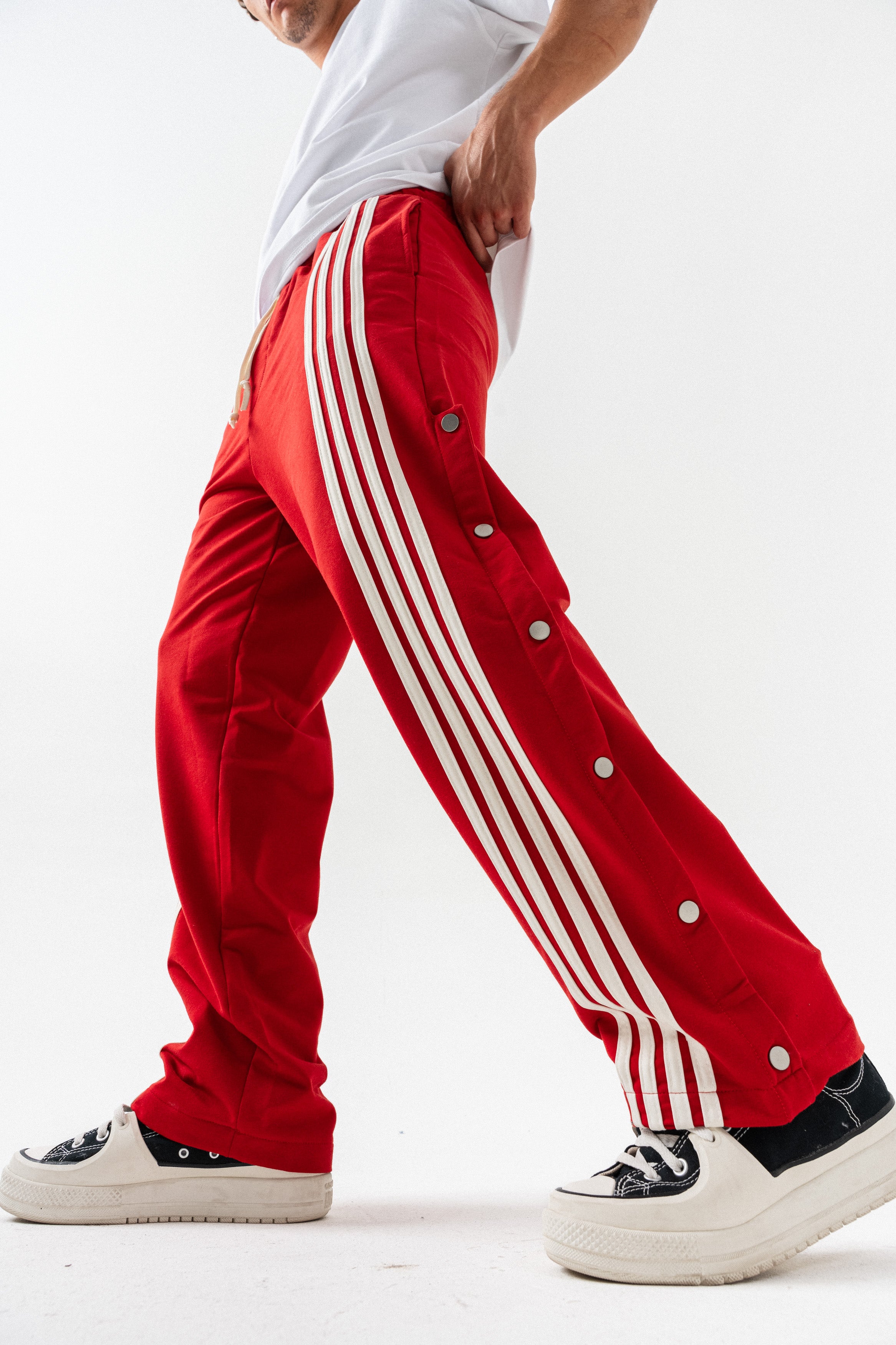 Düğme Detaylı Şeritli Baggy Eşofman Altı- Kırmızı