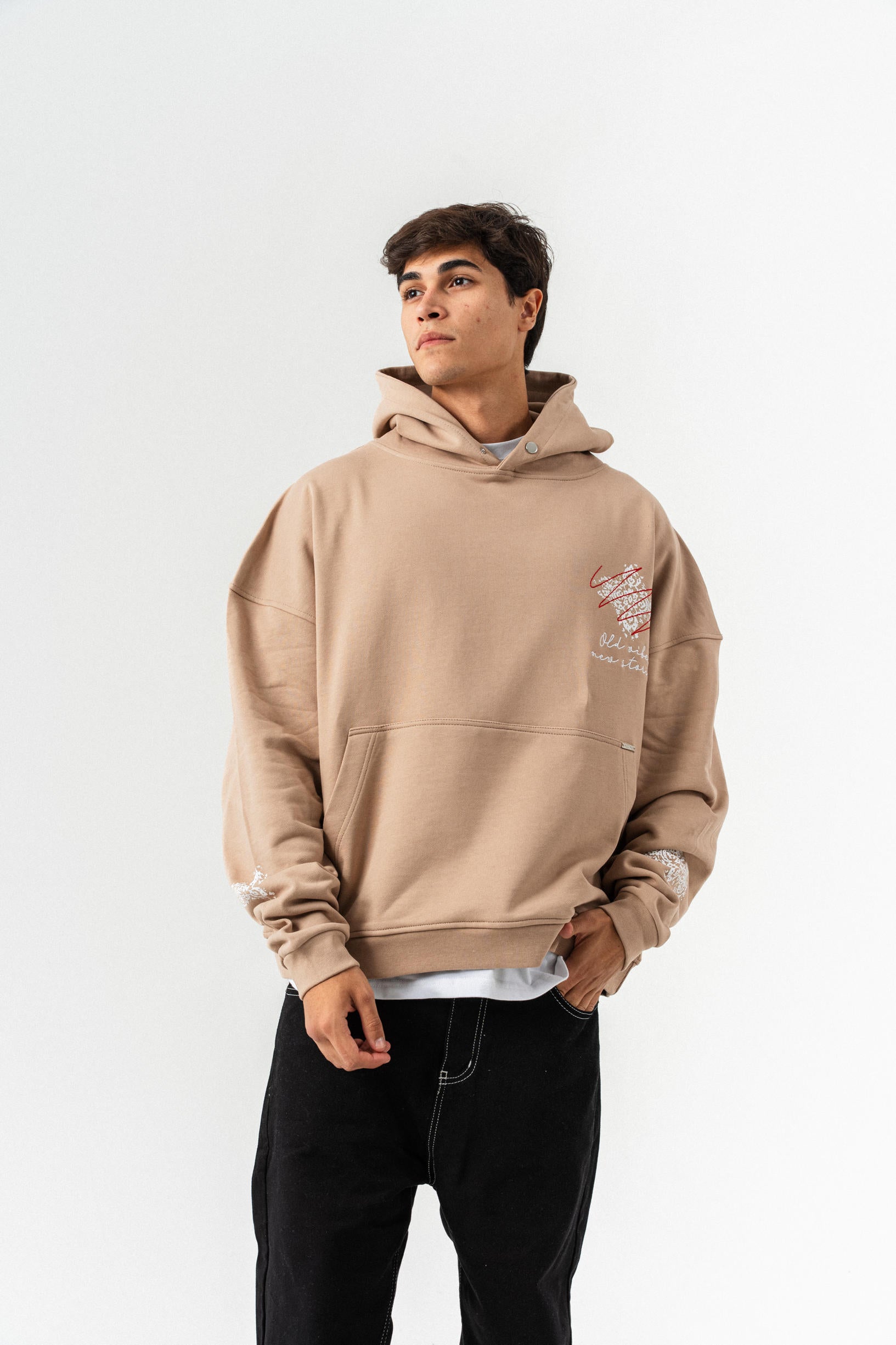 Nakış Detaylı Kapüşonlu Oversize Sweatshirt - Vizon