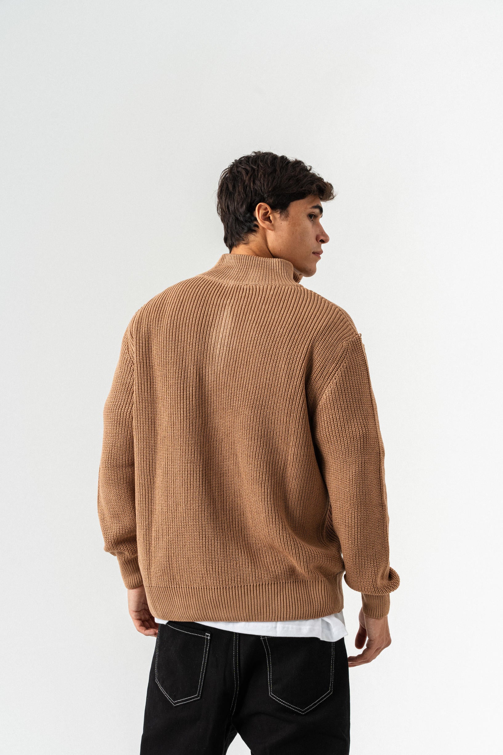 Yarım Fermuar Polo Yaka Oversize Sweatshirt - Vizon