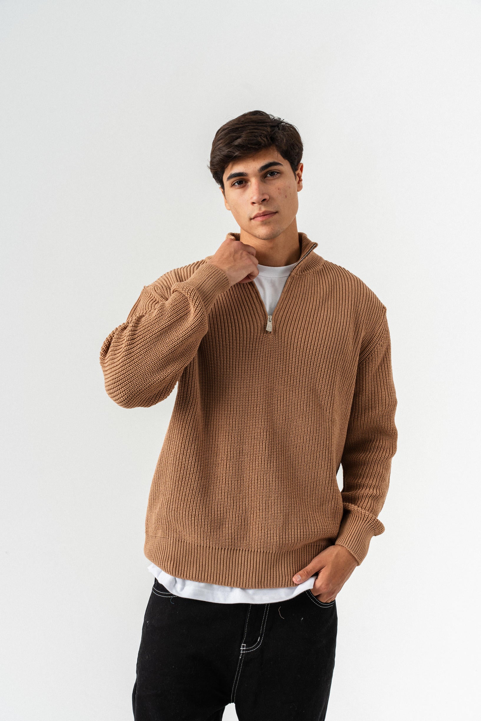 Yarım Fermuar Polo Yaka Oversize Sweatshirt - Vizon