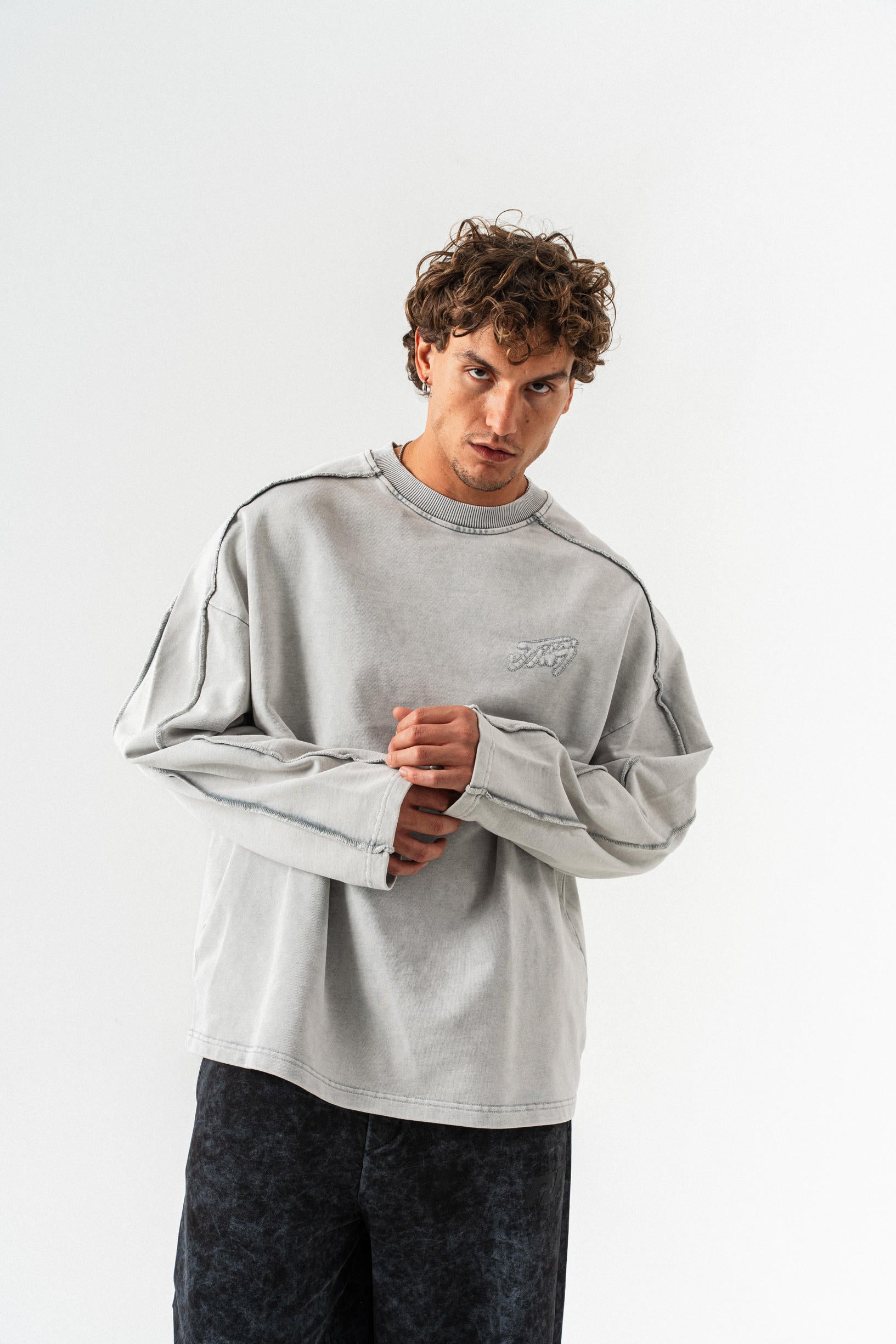 JNVJ Yıkamalı Oversize Sweatshirt - Gri