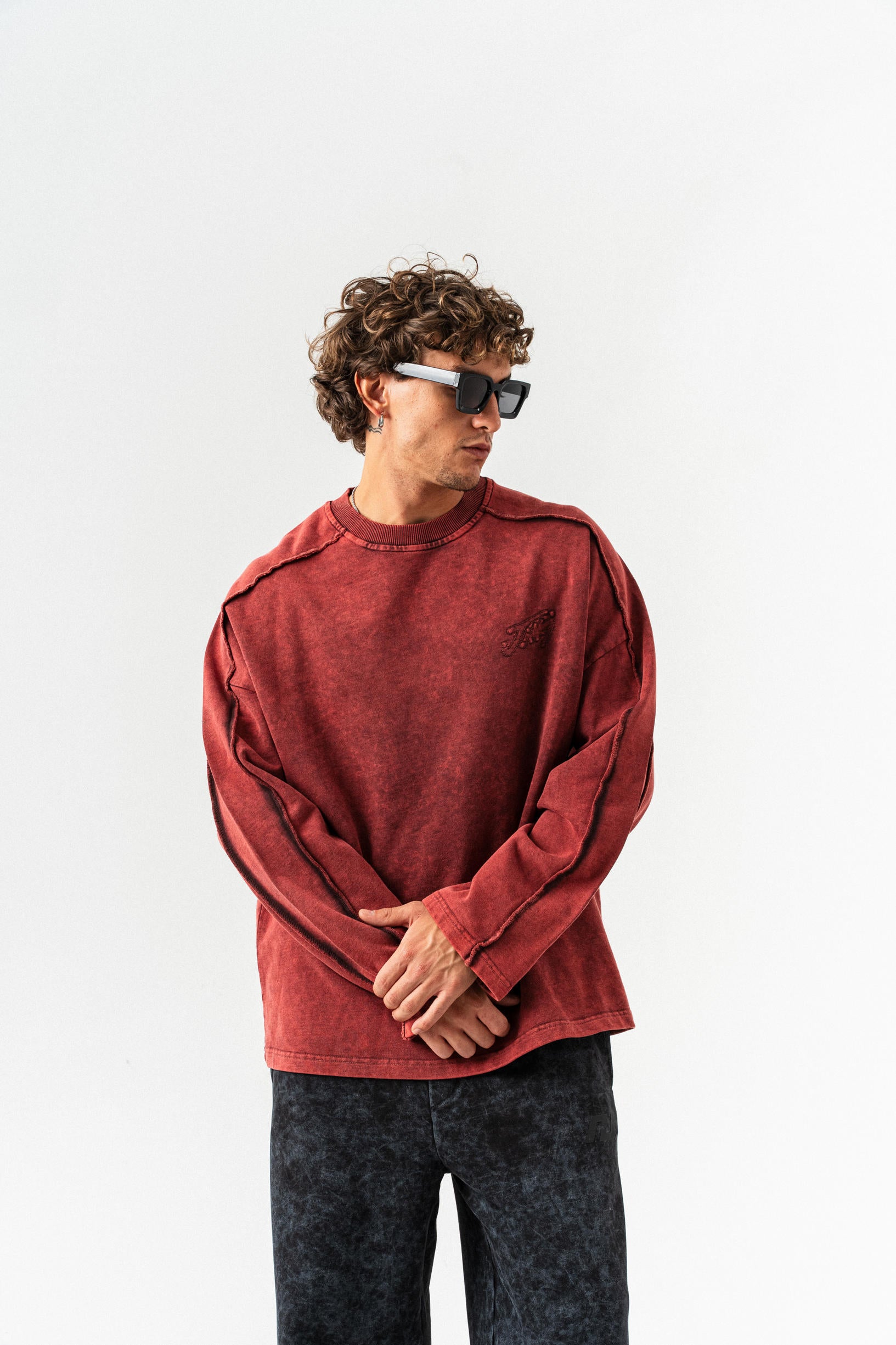 JNVJ Yıkamalı Oversize Sweatshirt - Bordo