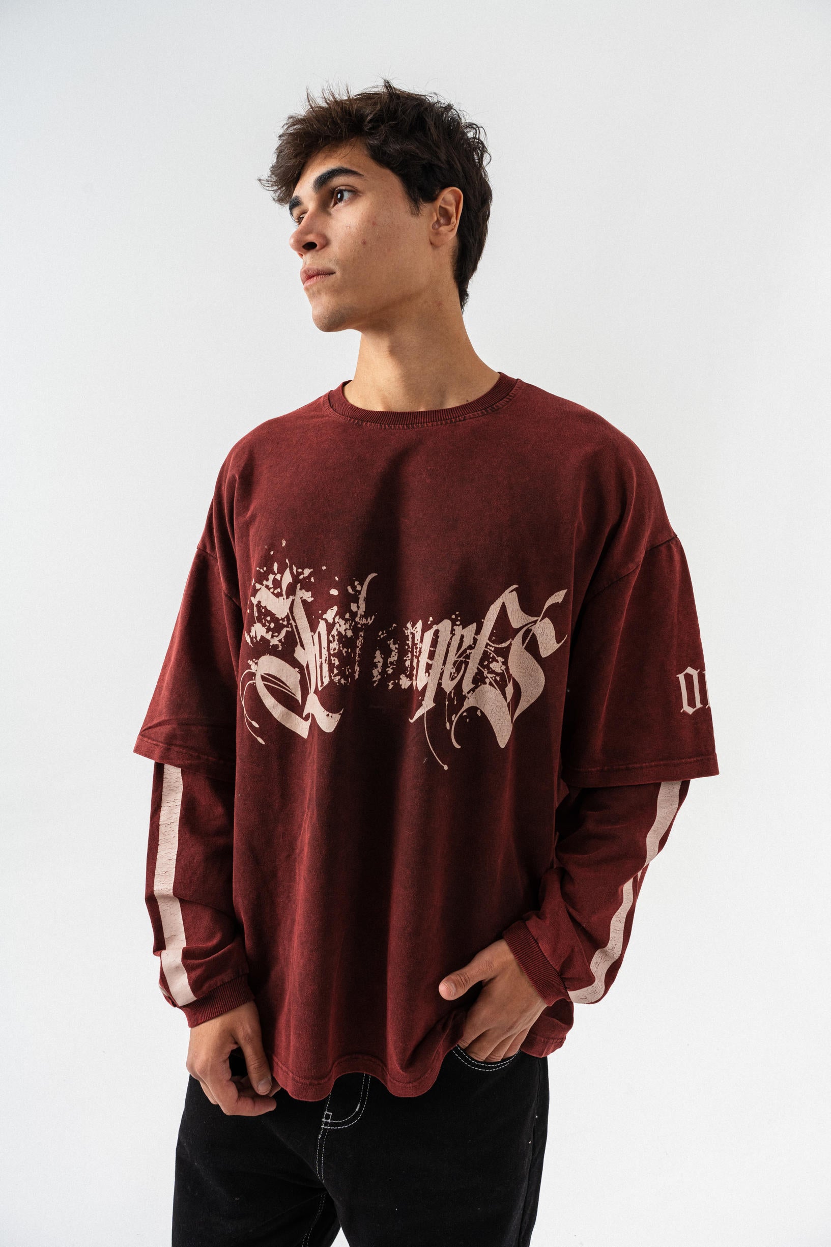 Kol Detaylı Yıkamalı Oversize Sweatshirt - Bordo