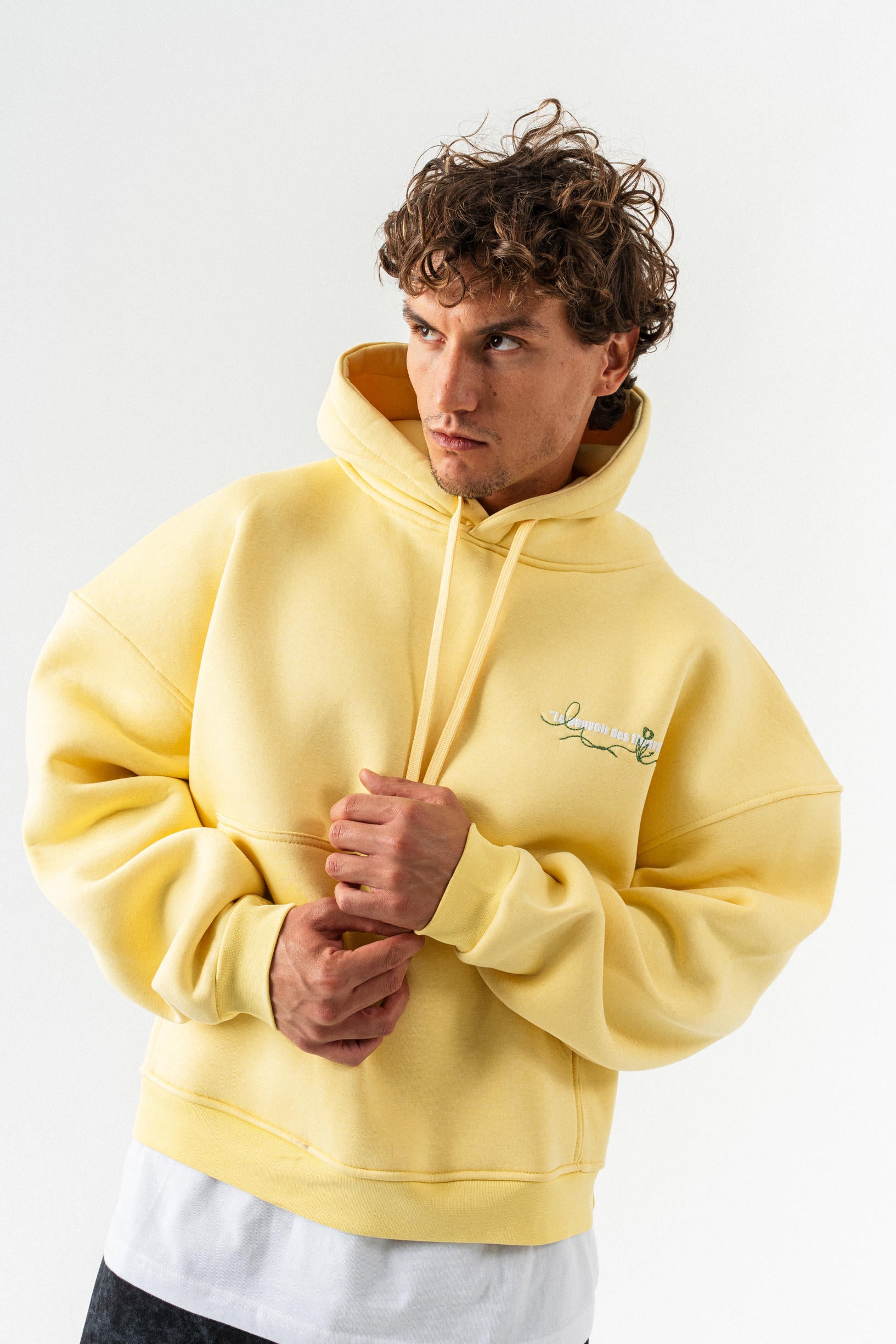 Çiçek Desenli Kapüşonlu Oversize Sweatshirt - Sarı