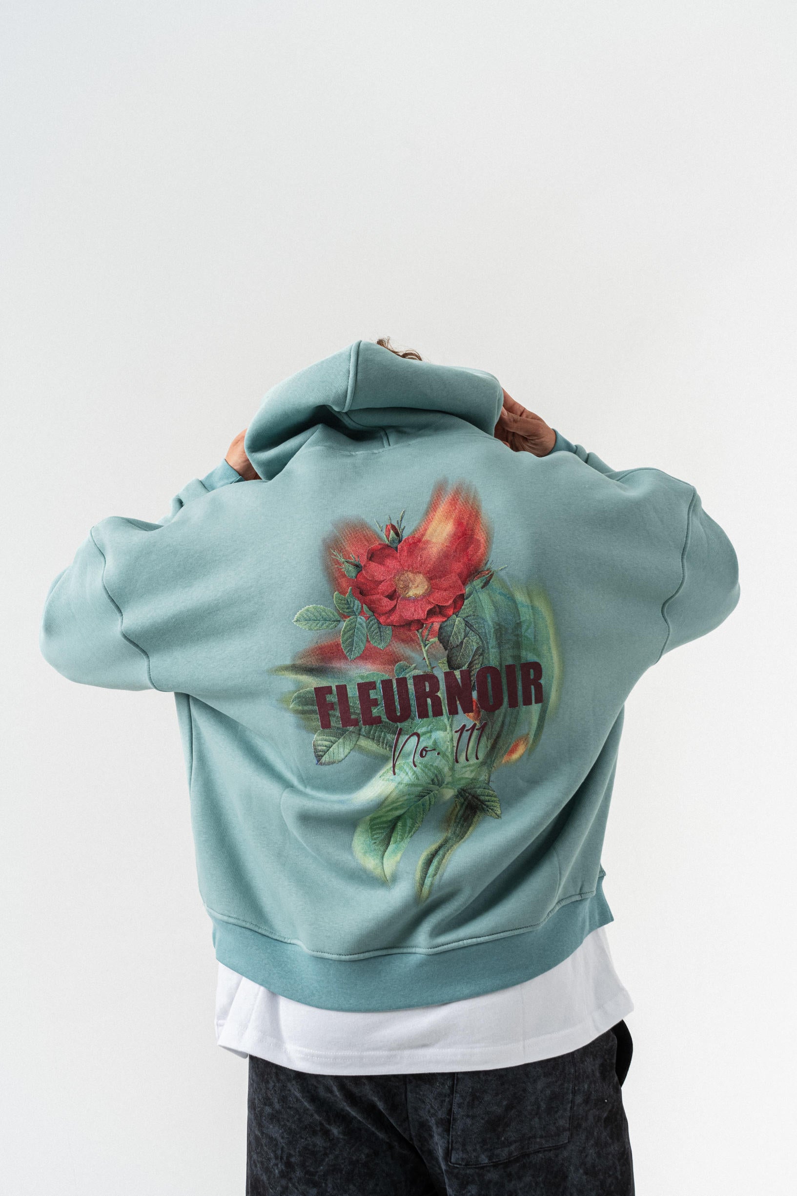 Çiçek Desenli Kapüşonlu Oversize Sweatshirt - Açık Yeşil