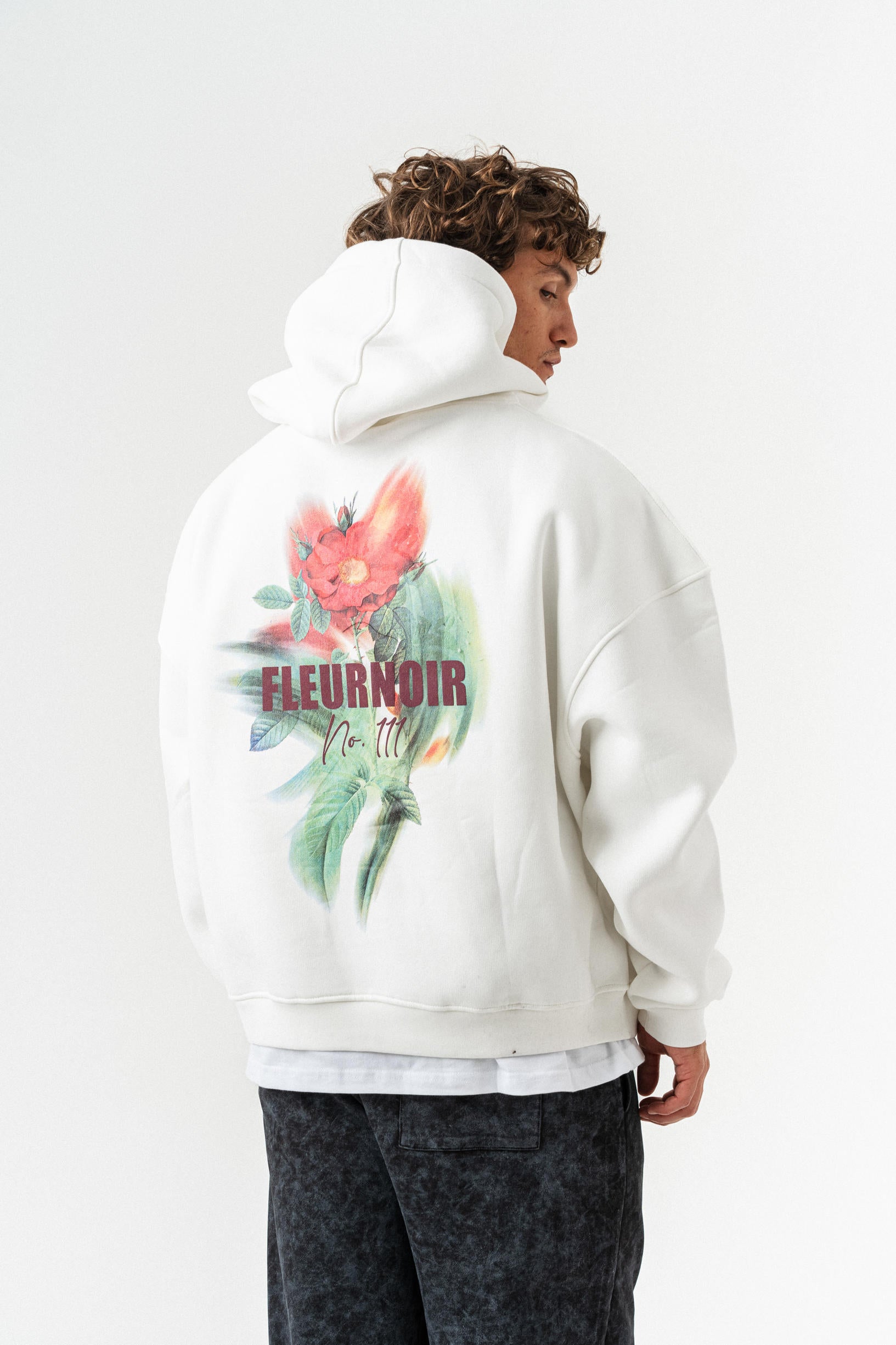 Çiçek Desenli Kapüşonlu Oversize Sweatshirt - Ekru