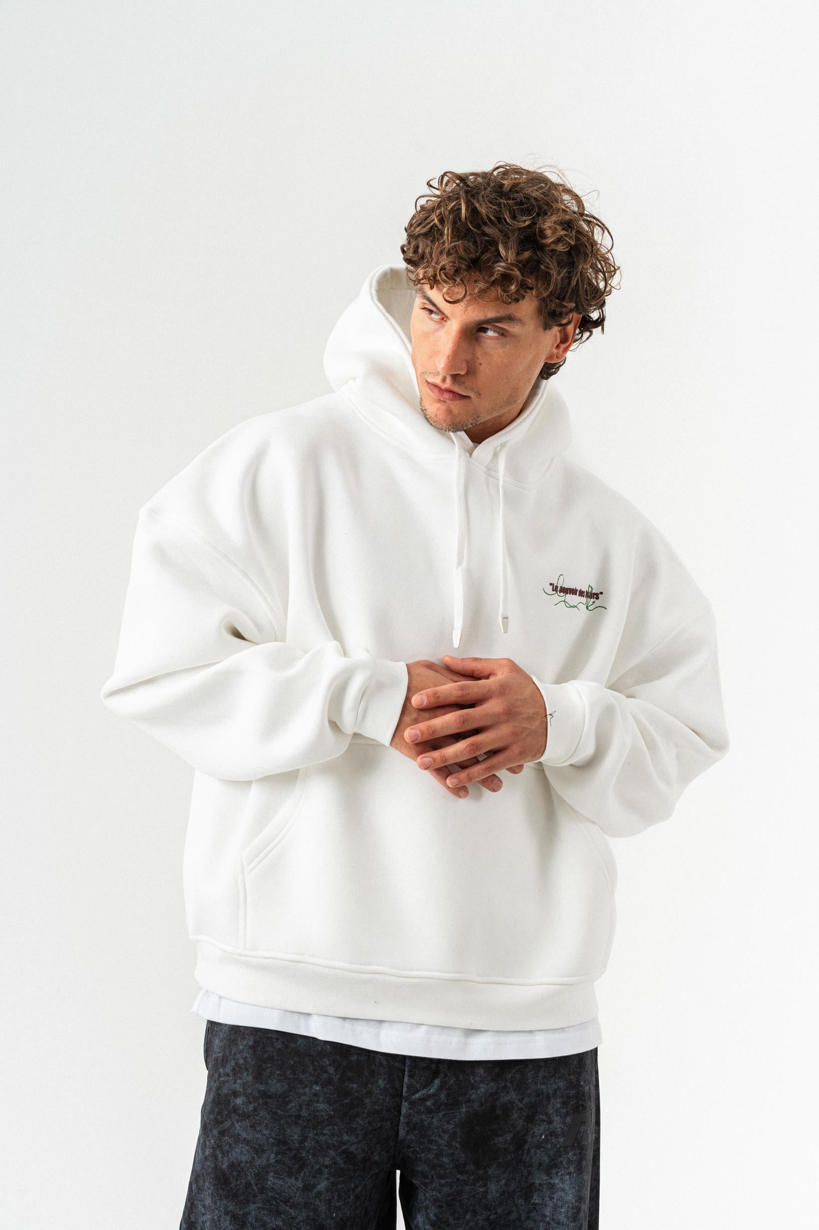 Çiçek Desenli Kapüşonlu Oversize Sweatshirt - Ekru