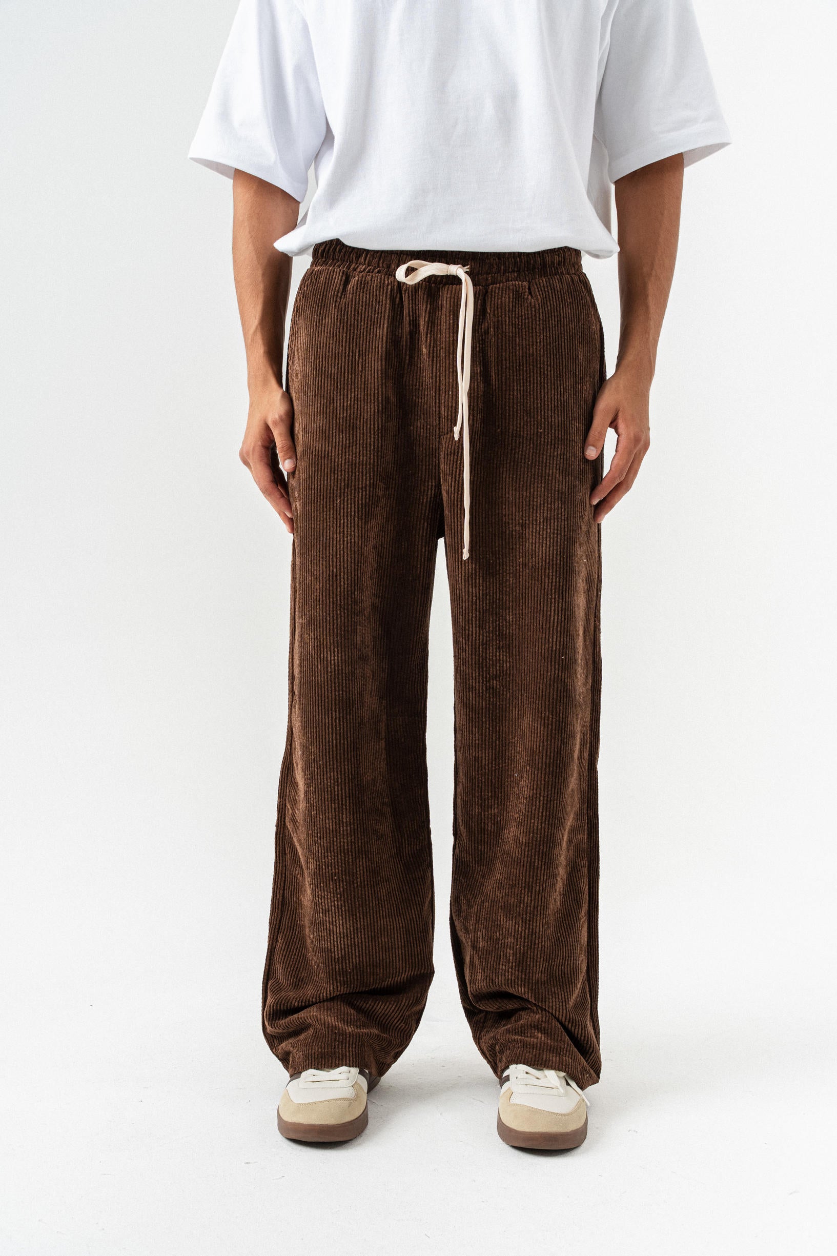 Kadife Çizgili  Baggy Pantolon - Kahverengi