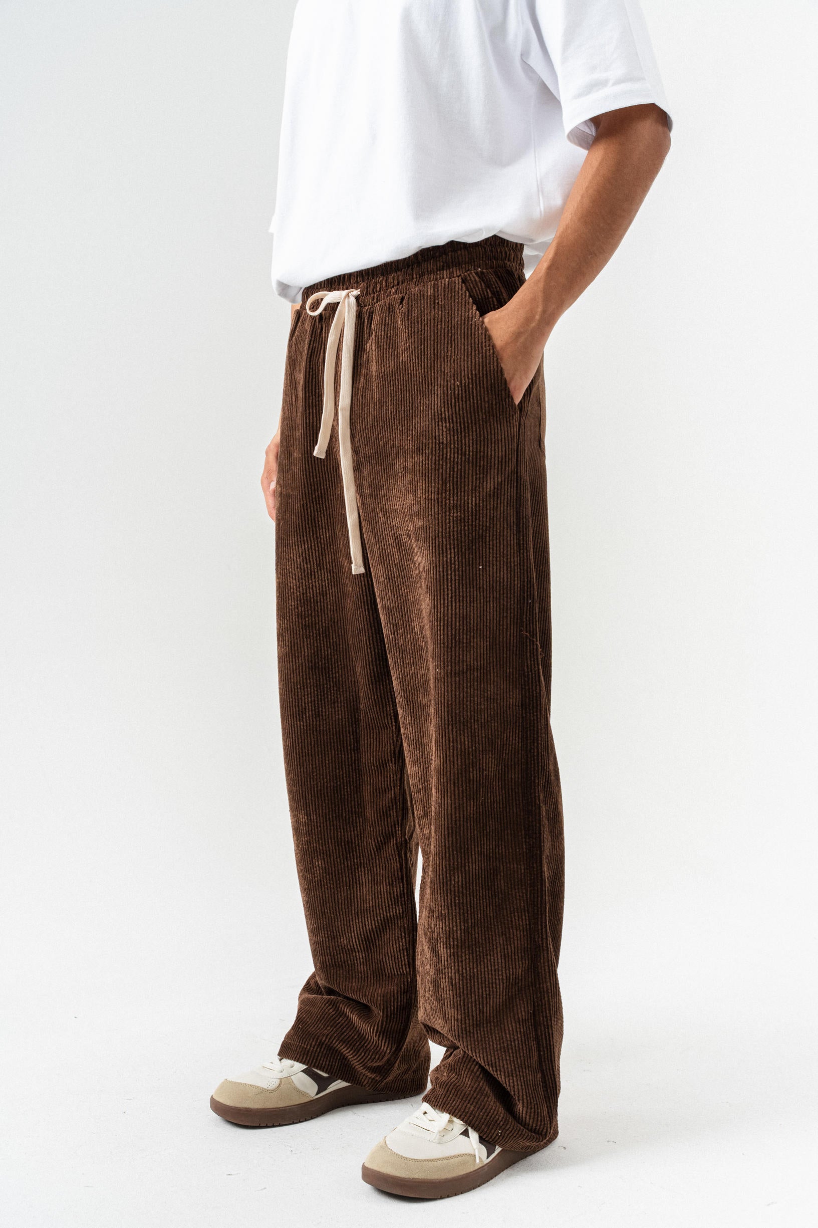 Kadife Çizgili  Baggy Pantolon - Kahverengi