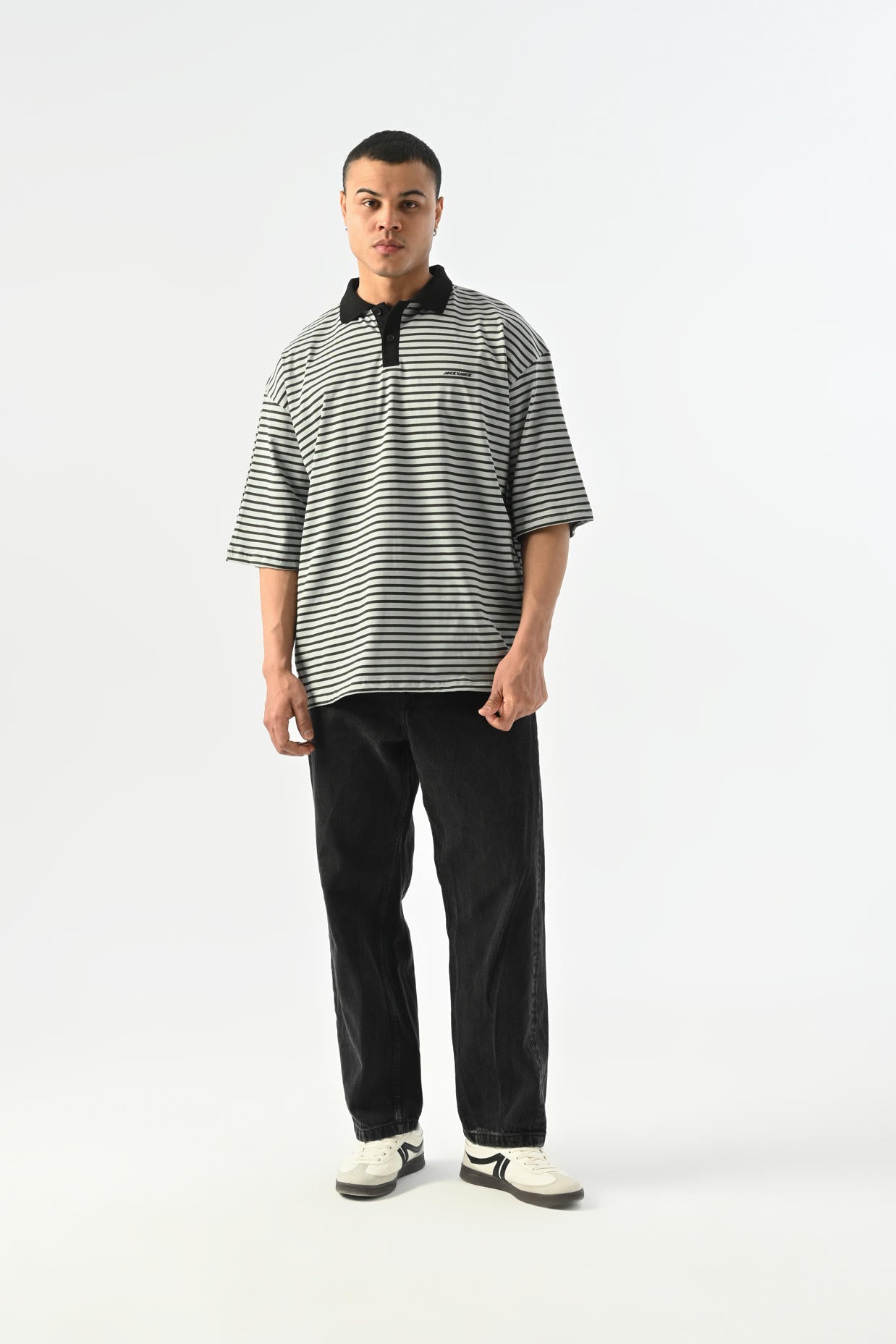 Çizgili Polo Yaka T-shirt - Gri